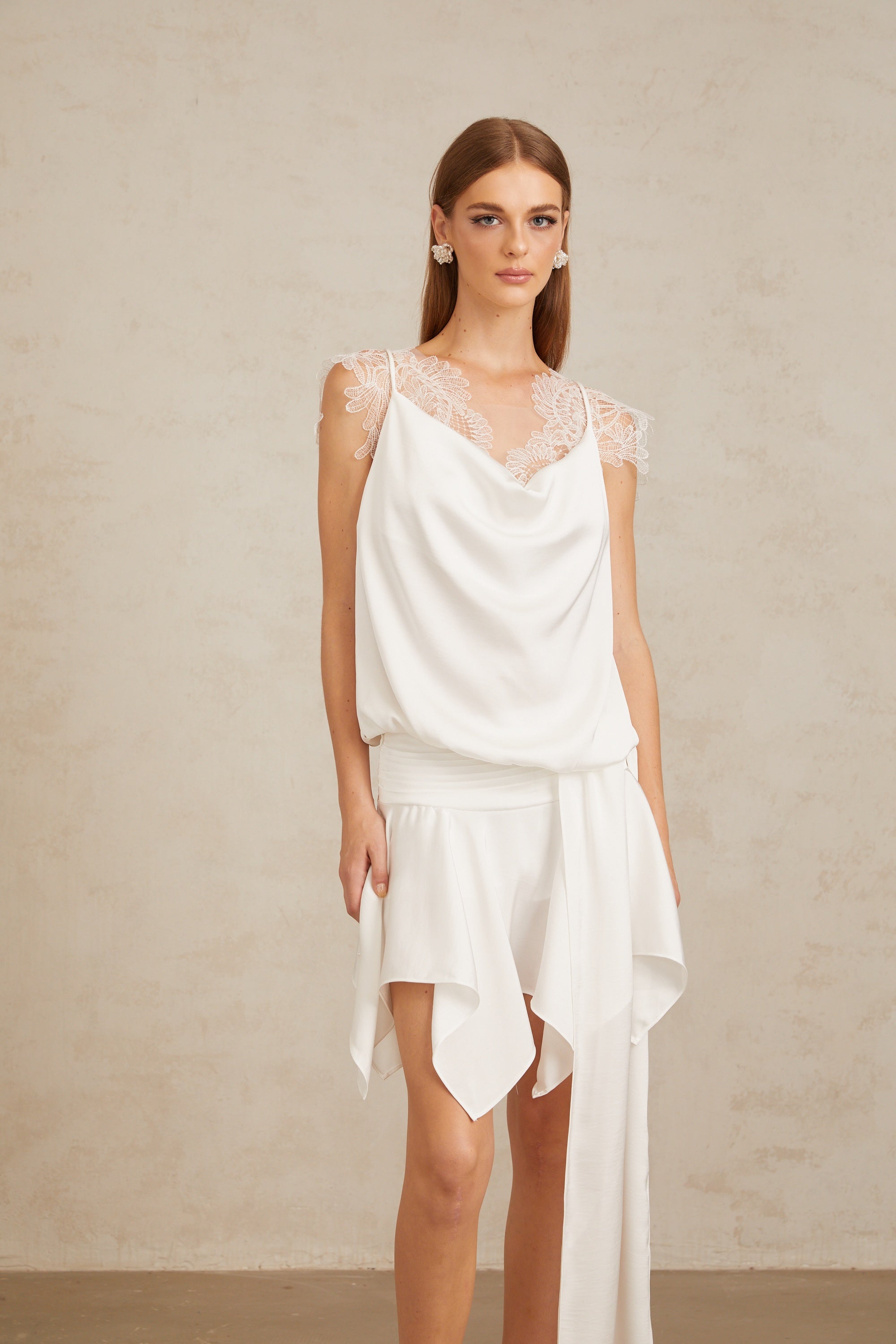 Thérèse White Draped Lace Panel Mini Dress