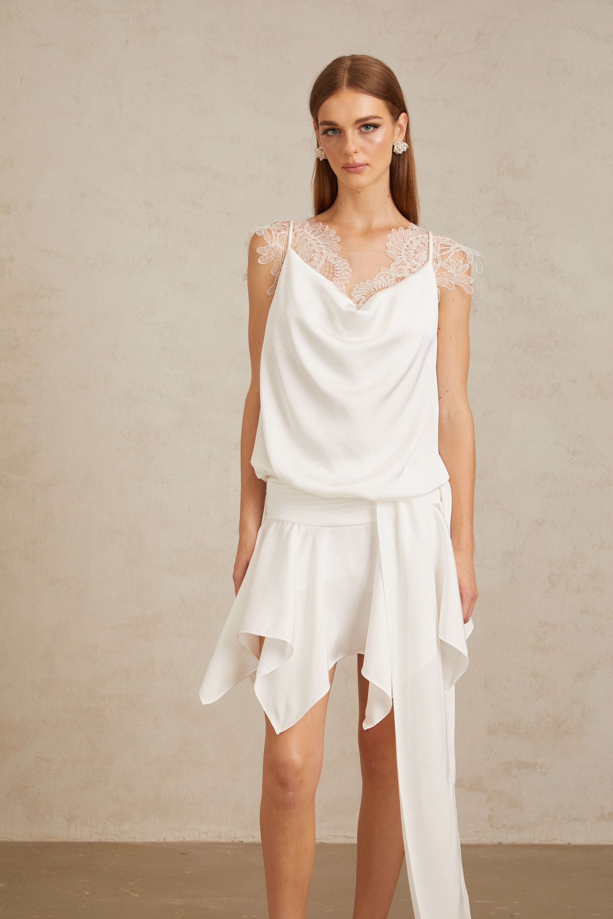 Thérèse White Draped Lace Panel Mini Dress