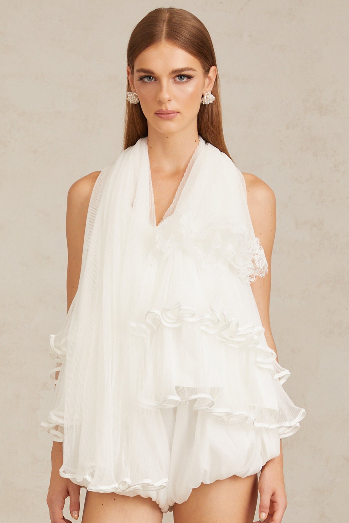Ella White Ruffled Tulle Top & Shorts Co-ord Set