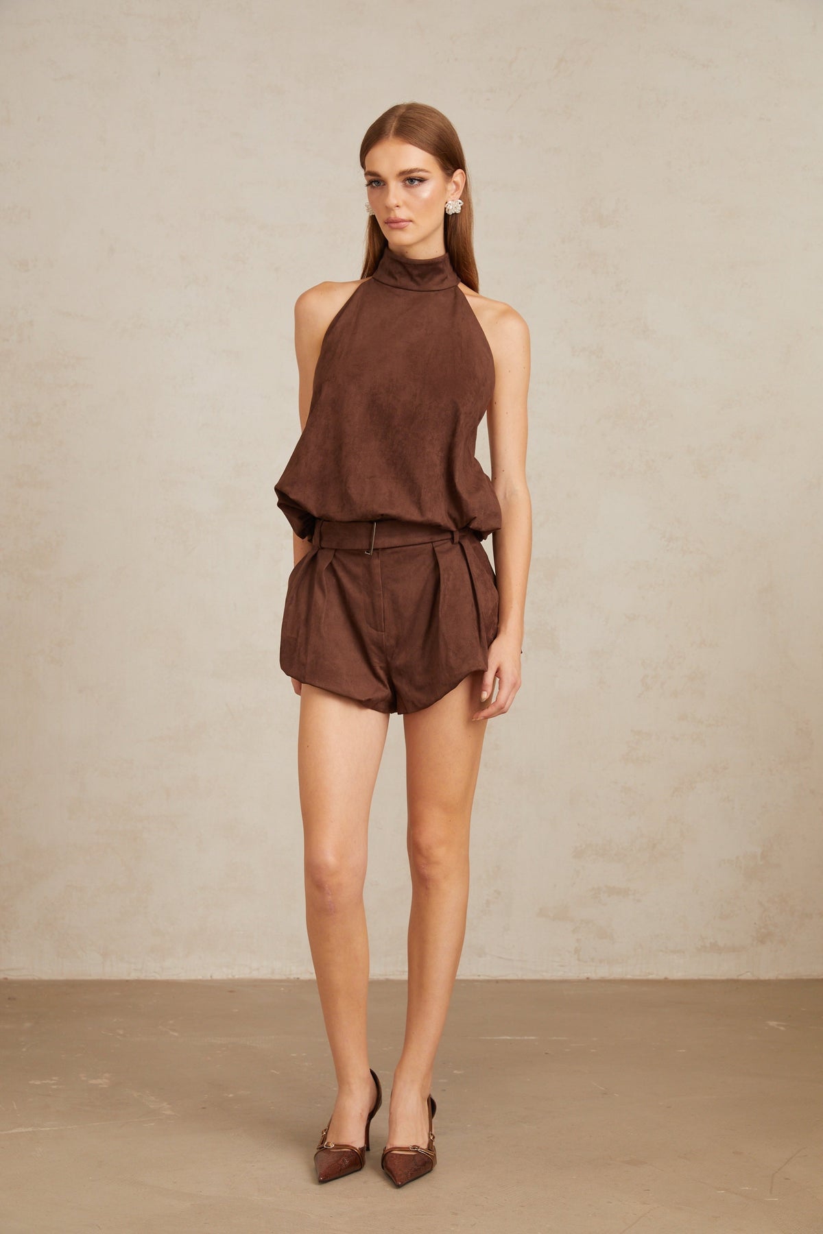 Chaney Brown Suede Bubble Hem Top & Shorts Set (Final Sale-US Only)