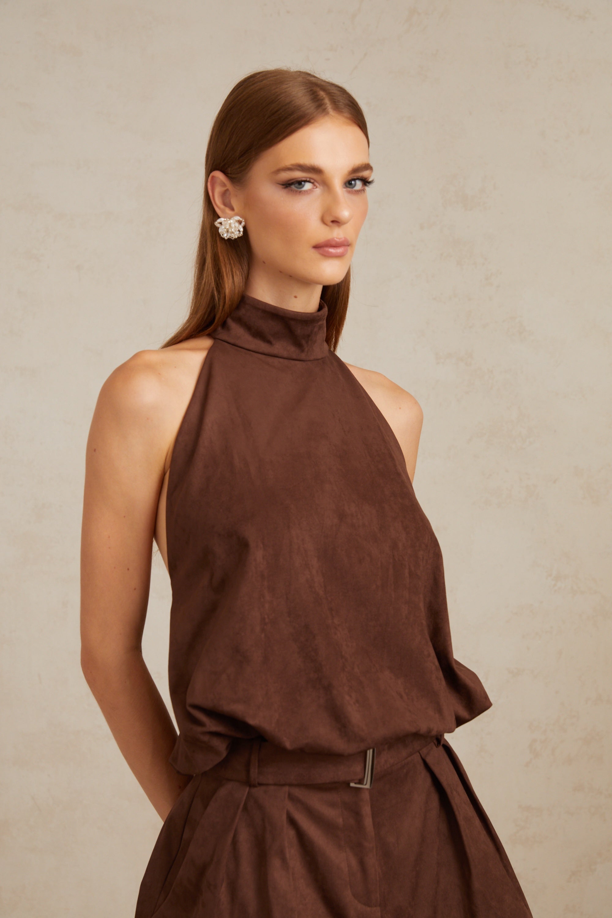 Chaney Brown Suede Bubble Hem Top & Shorts Set
