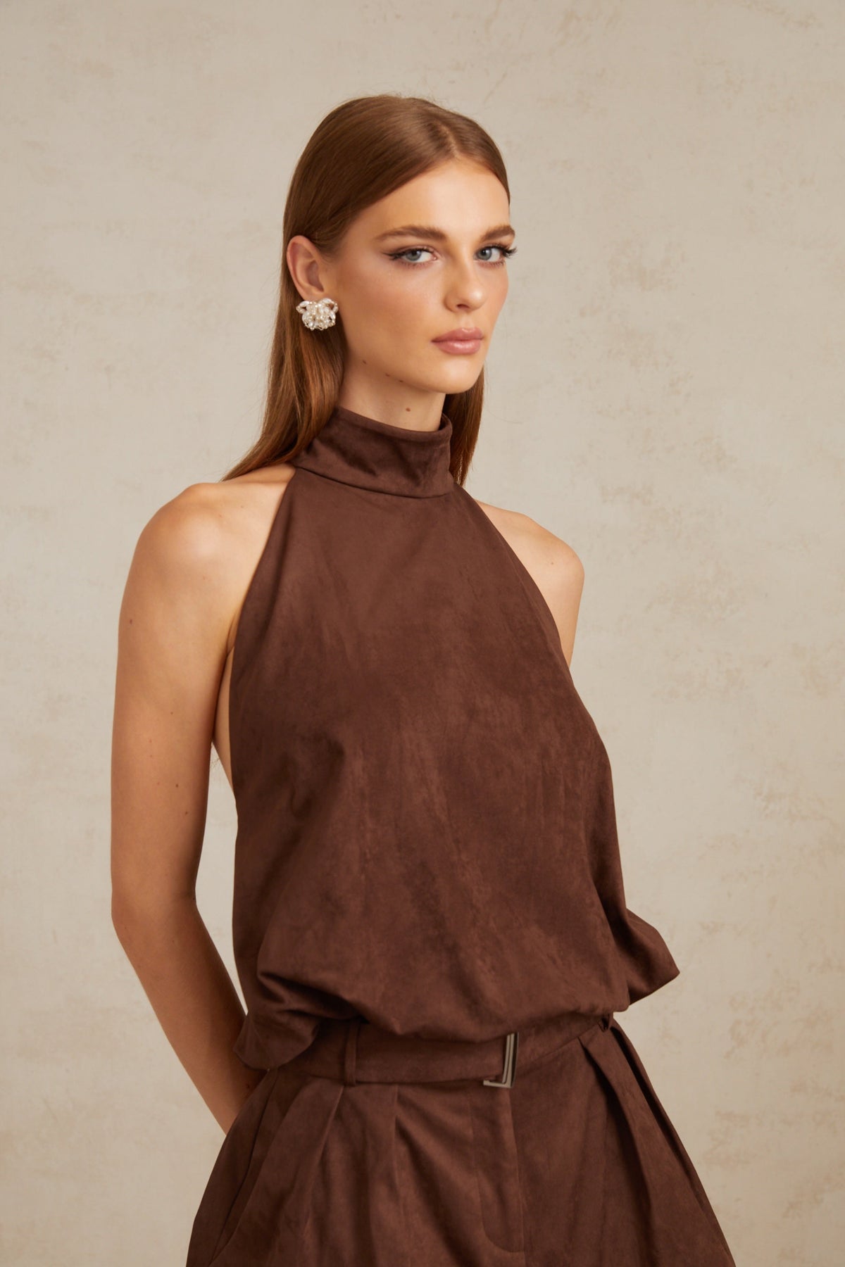 Chaney Brown Suede Bubble Hem Top & Shorts Set (Final Sale-US Only)