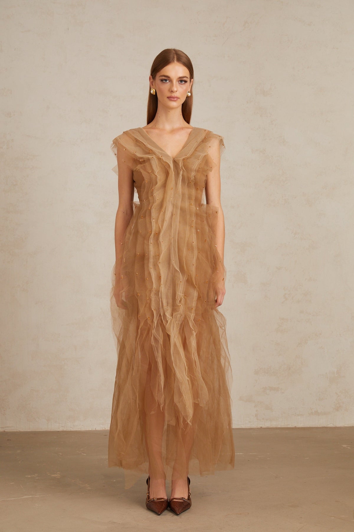 Céleste Brown Layered Tulle Maxi Gown (Final Sale-US Only)