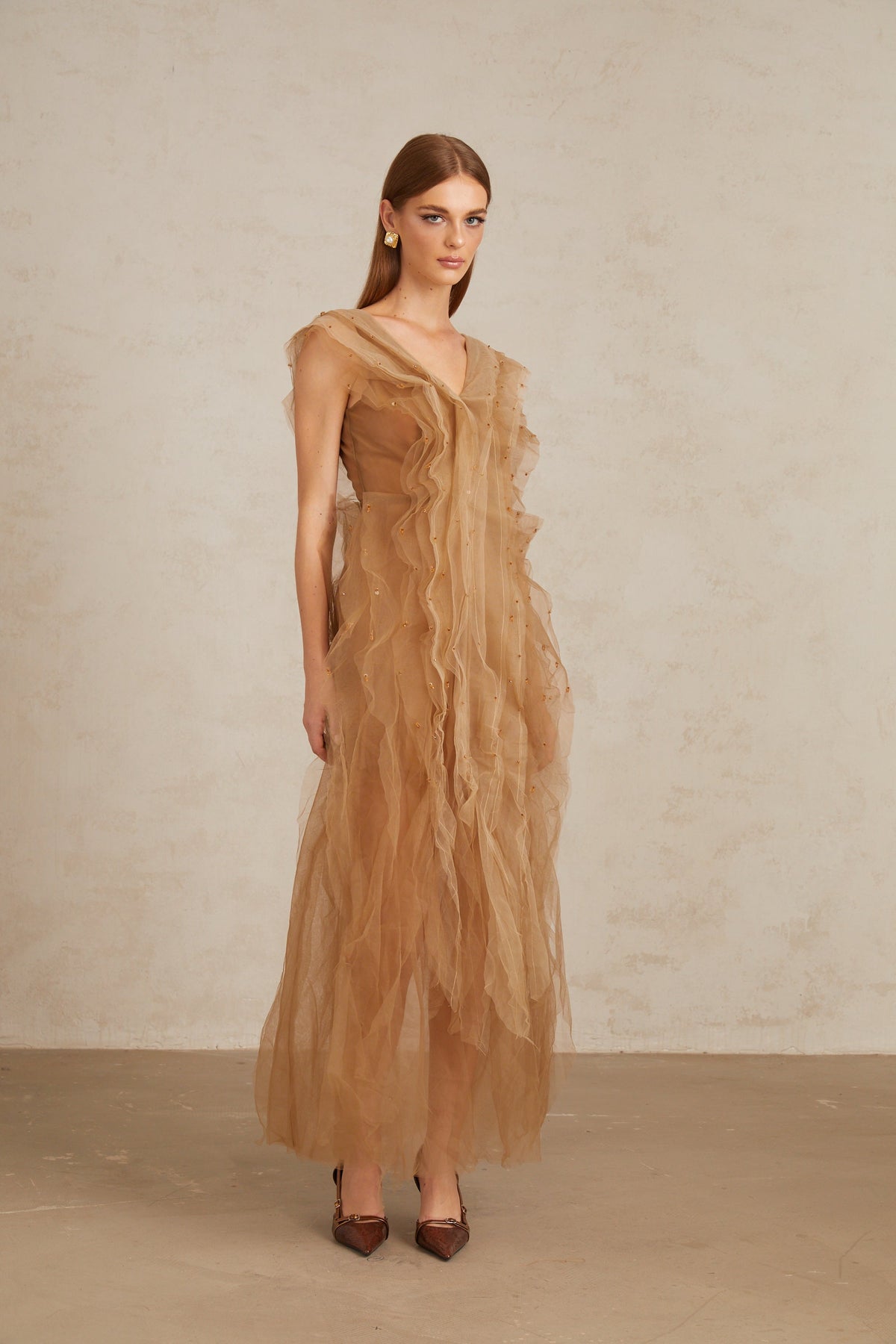 Céleste Brown Layered Tulle Maxi Gown (Final Sale-US Only)