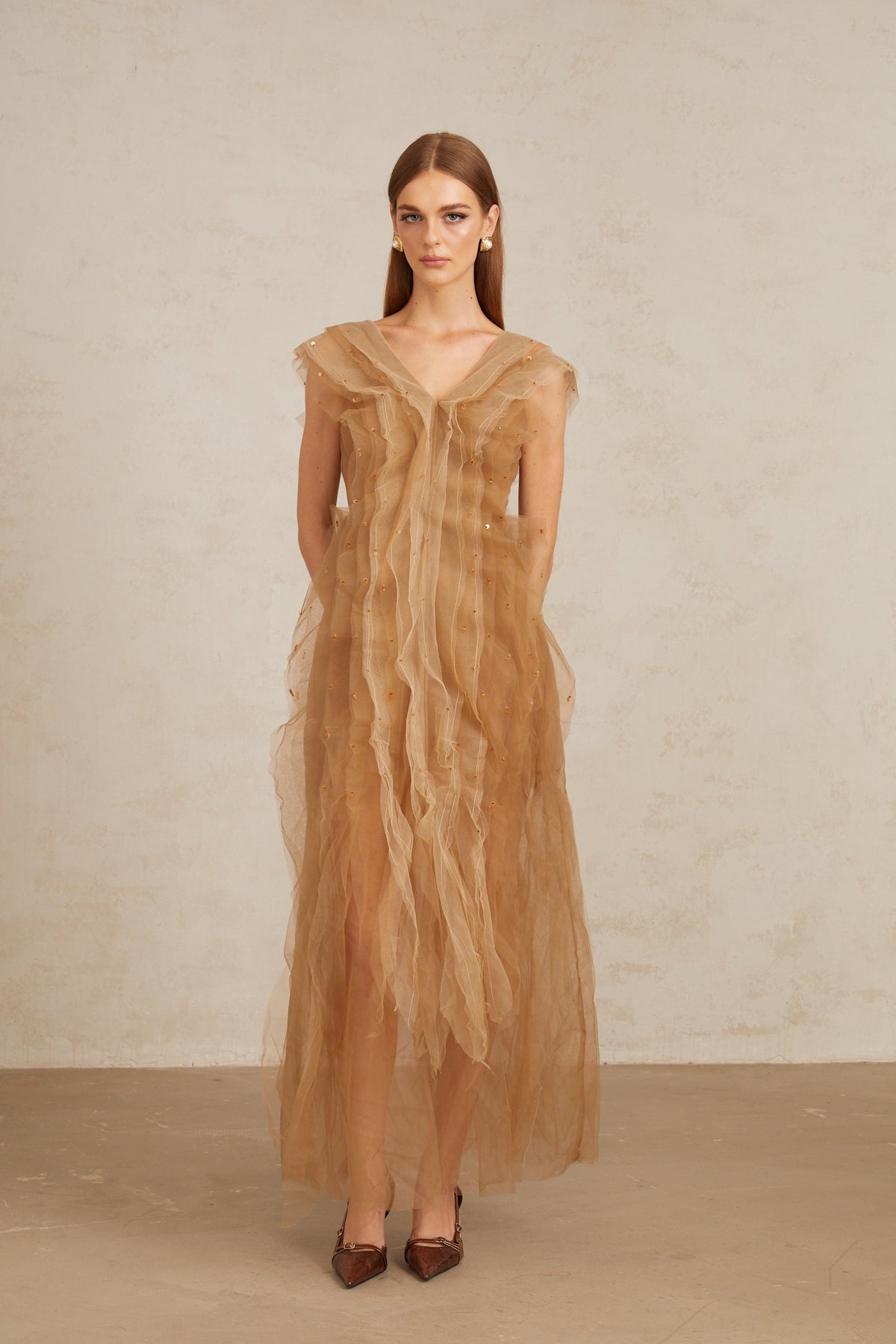Céleste Brown Layered Tulle Maxi Gown (Final Sale-US Only)
