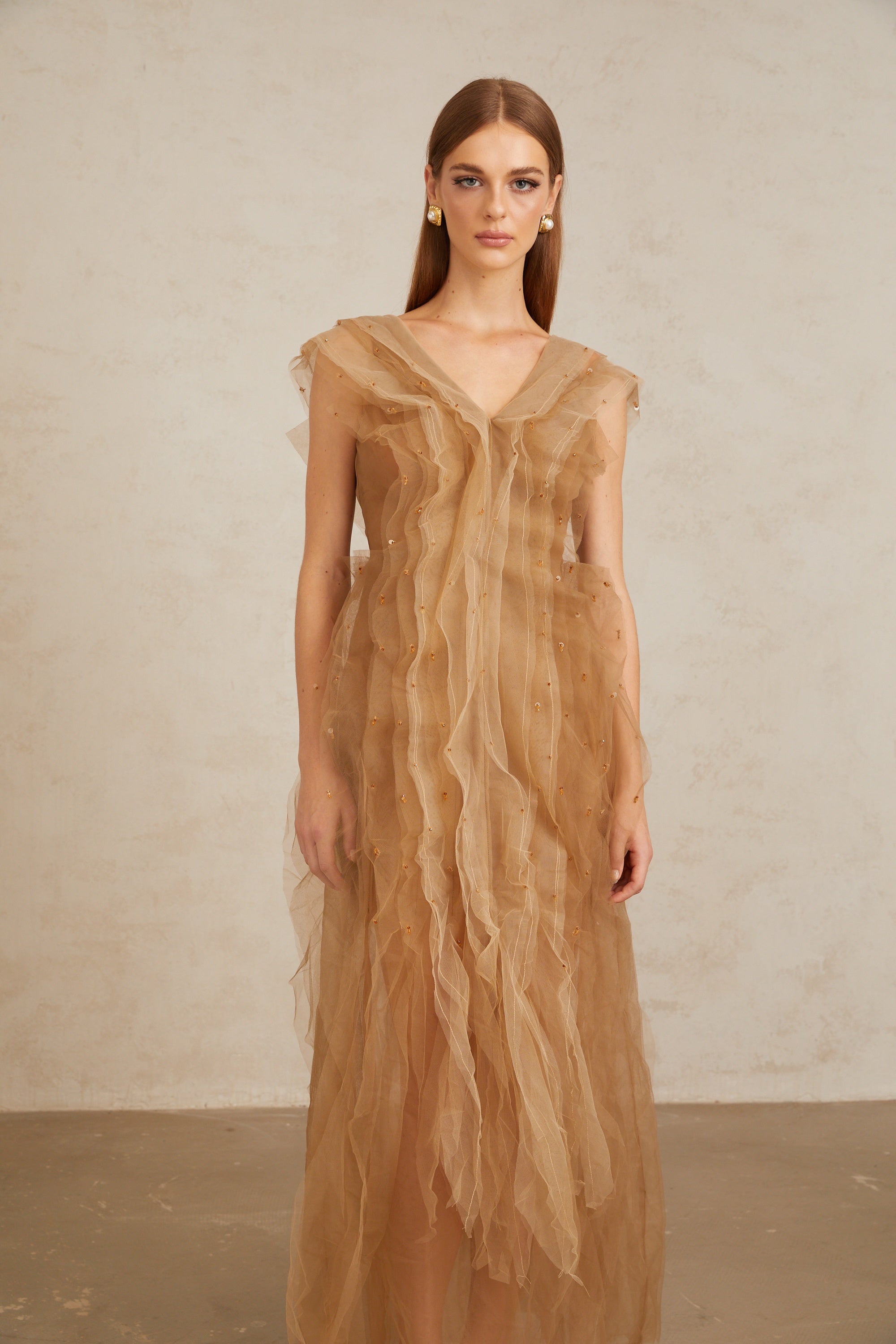 Céleste Brown Layered Tulle Maxi Gown