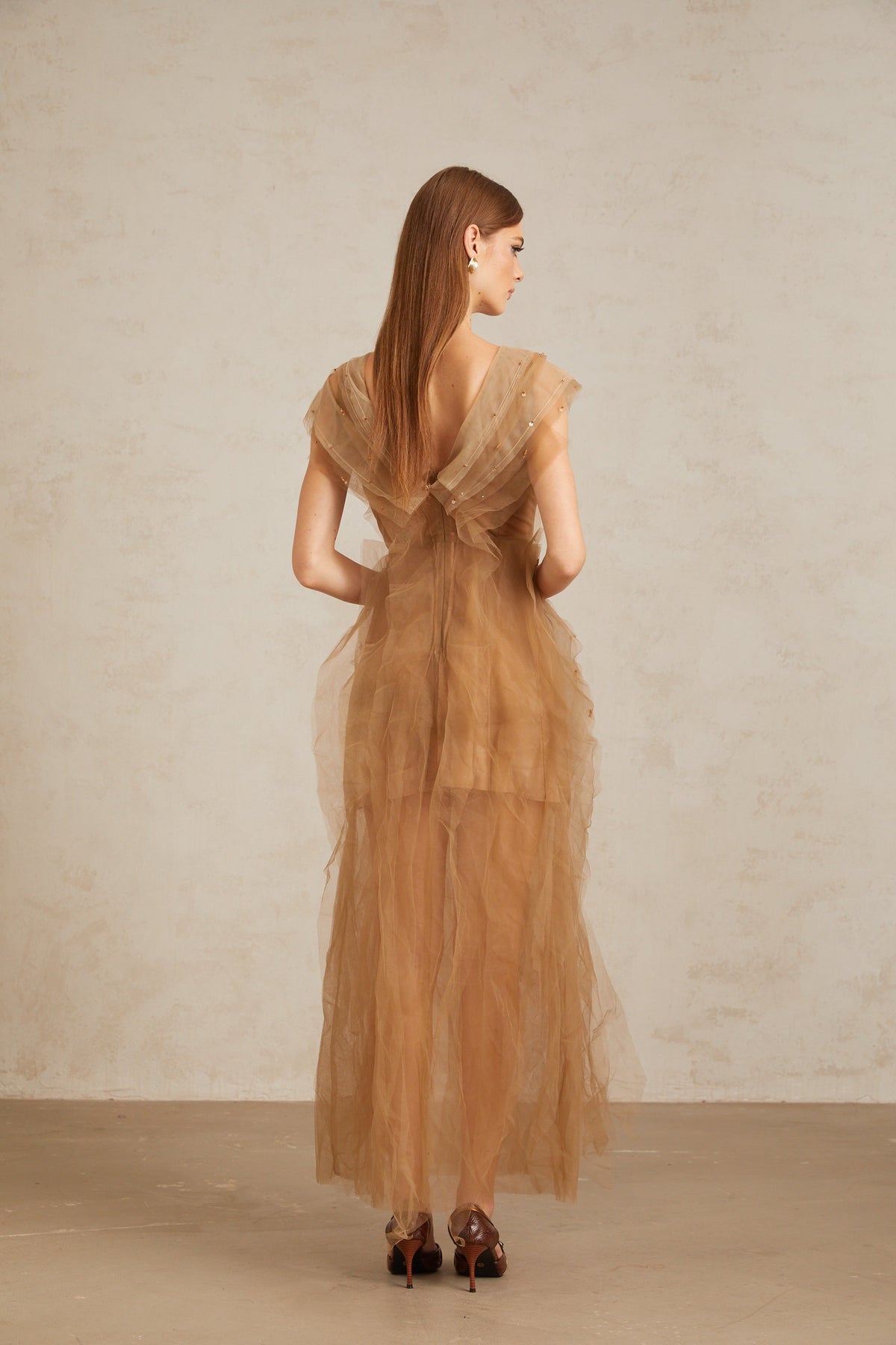 Céleste Brown Layered Tulle Maxi Gown (Final Sale-US Only)