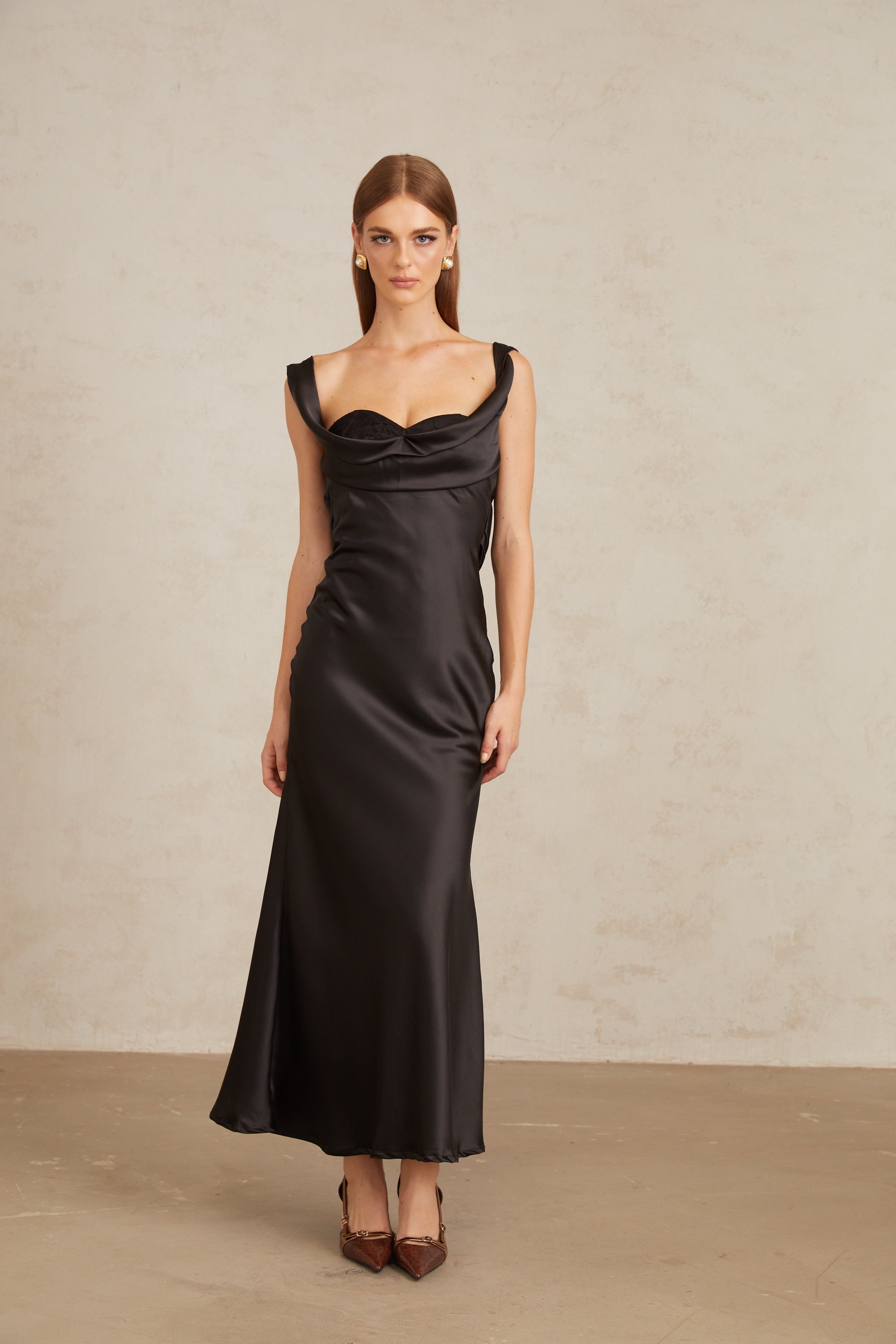 Ulla Black Corset Satin Maxi Dress
