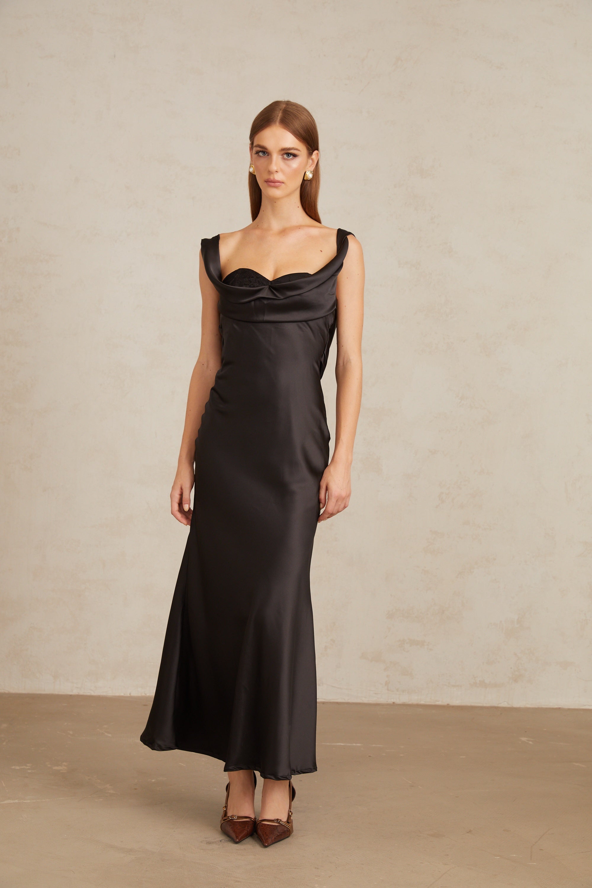 Ulla Black Corset Satin Maxi Dress