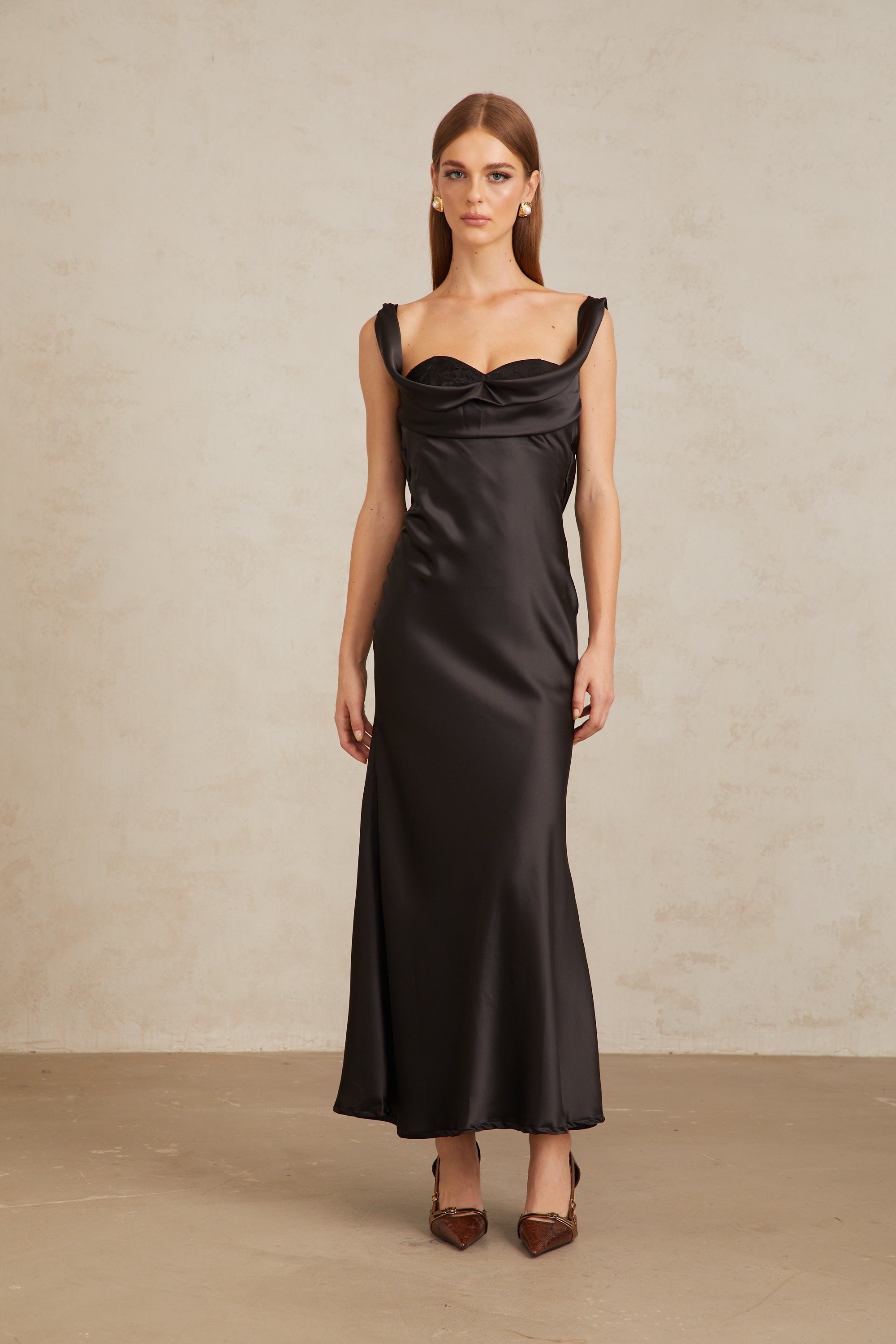 Ulla Black Corset Satin Maxi Dress