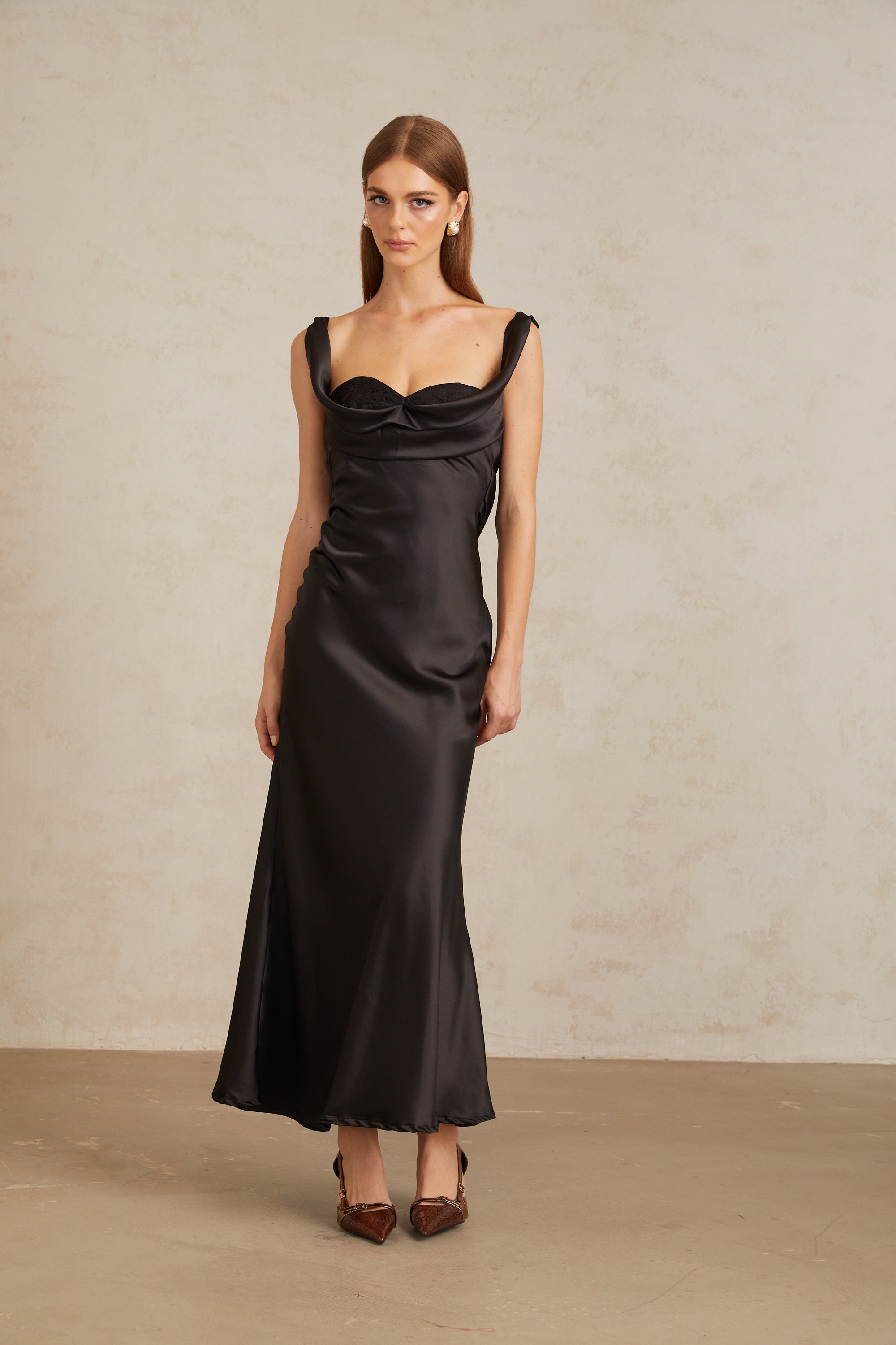 Ulla Black Corset Satin Maxi Dress