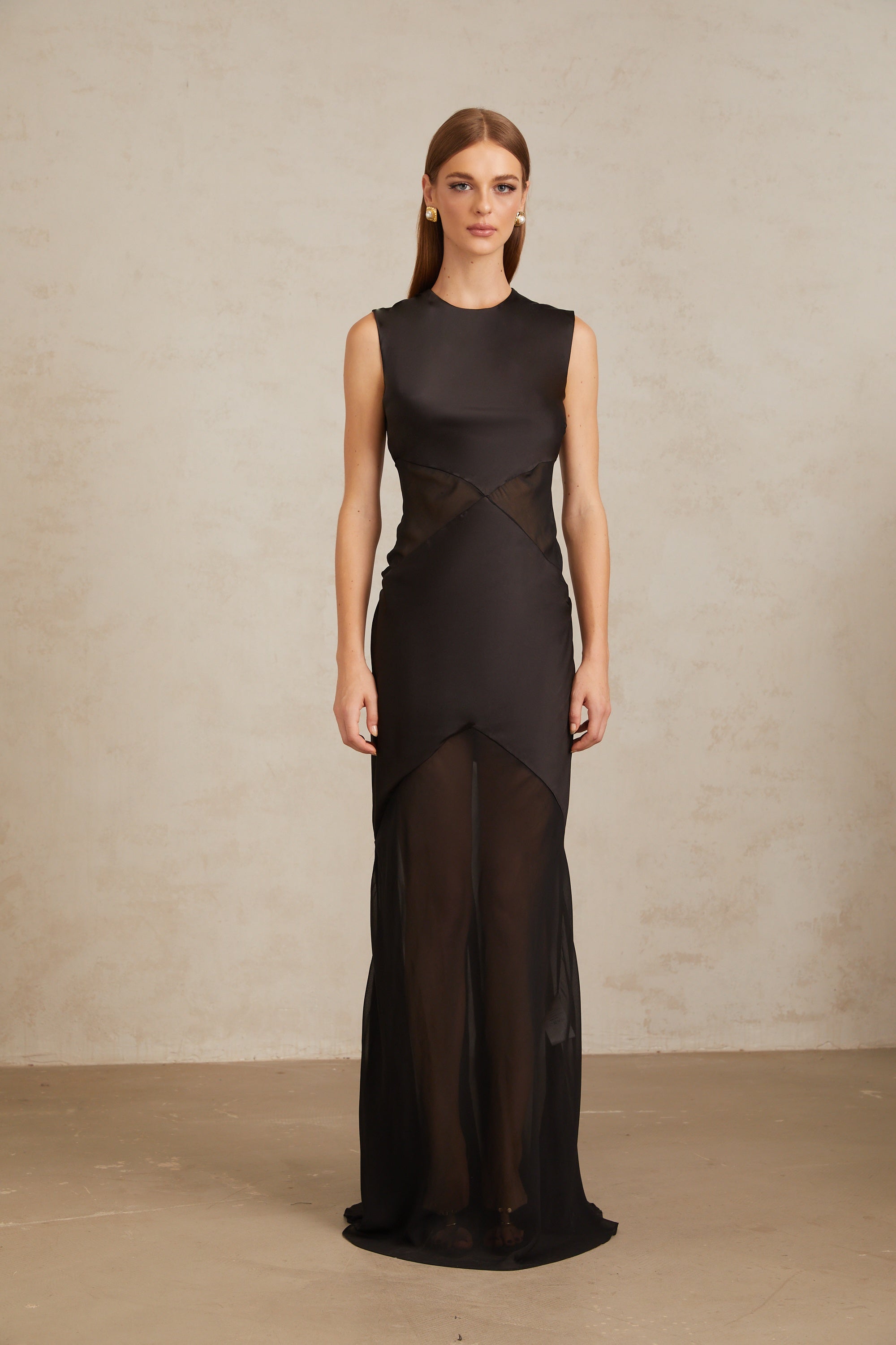 Siiri Black Tulle Panel Satin Maxi Gown