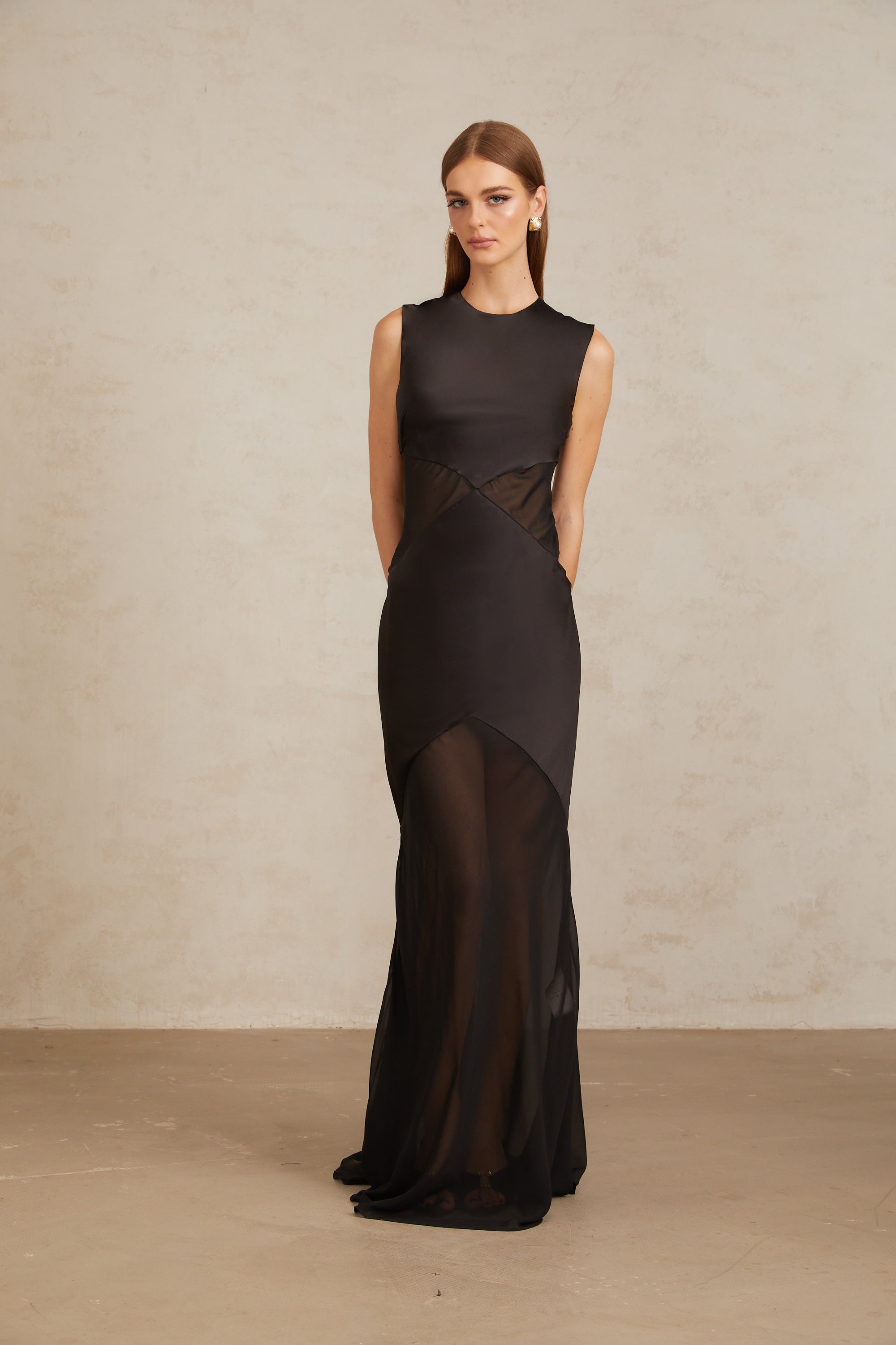 Siiri Black Tulle Panel Satin Maxi Gown