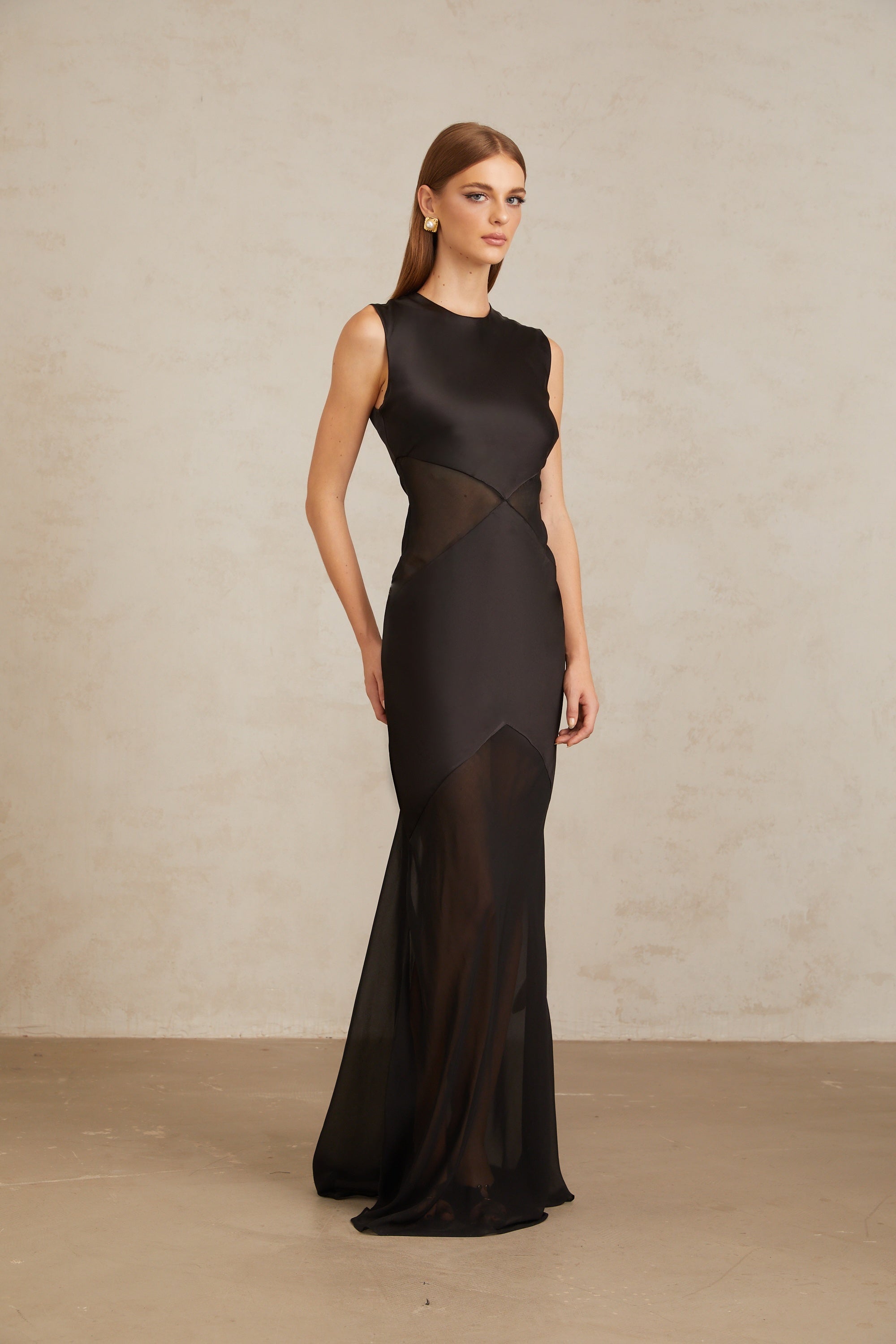 Siiri Black Tulle Panel Satin Maxi Gown