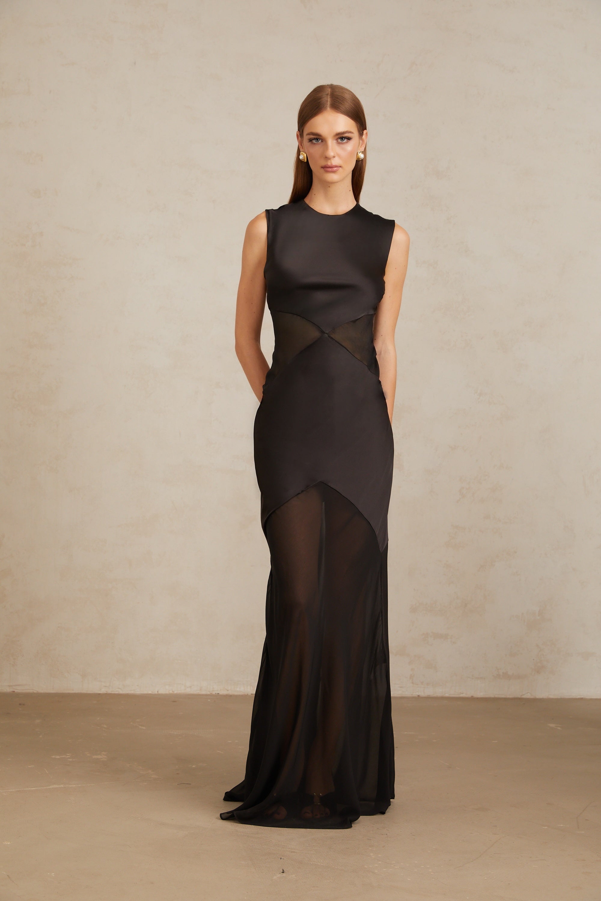Siiri Black Tulle Panel Satin Maxi Gown