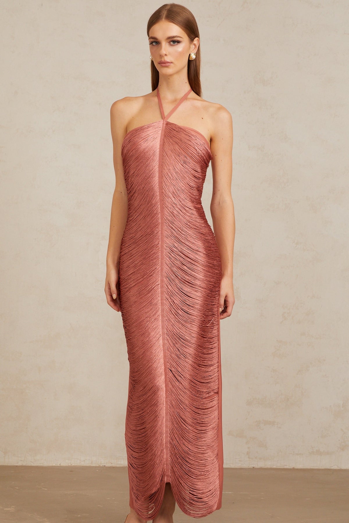 Polliana Pink Fringed Corset Maxi Gown