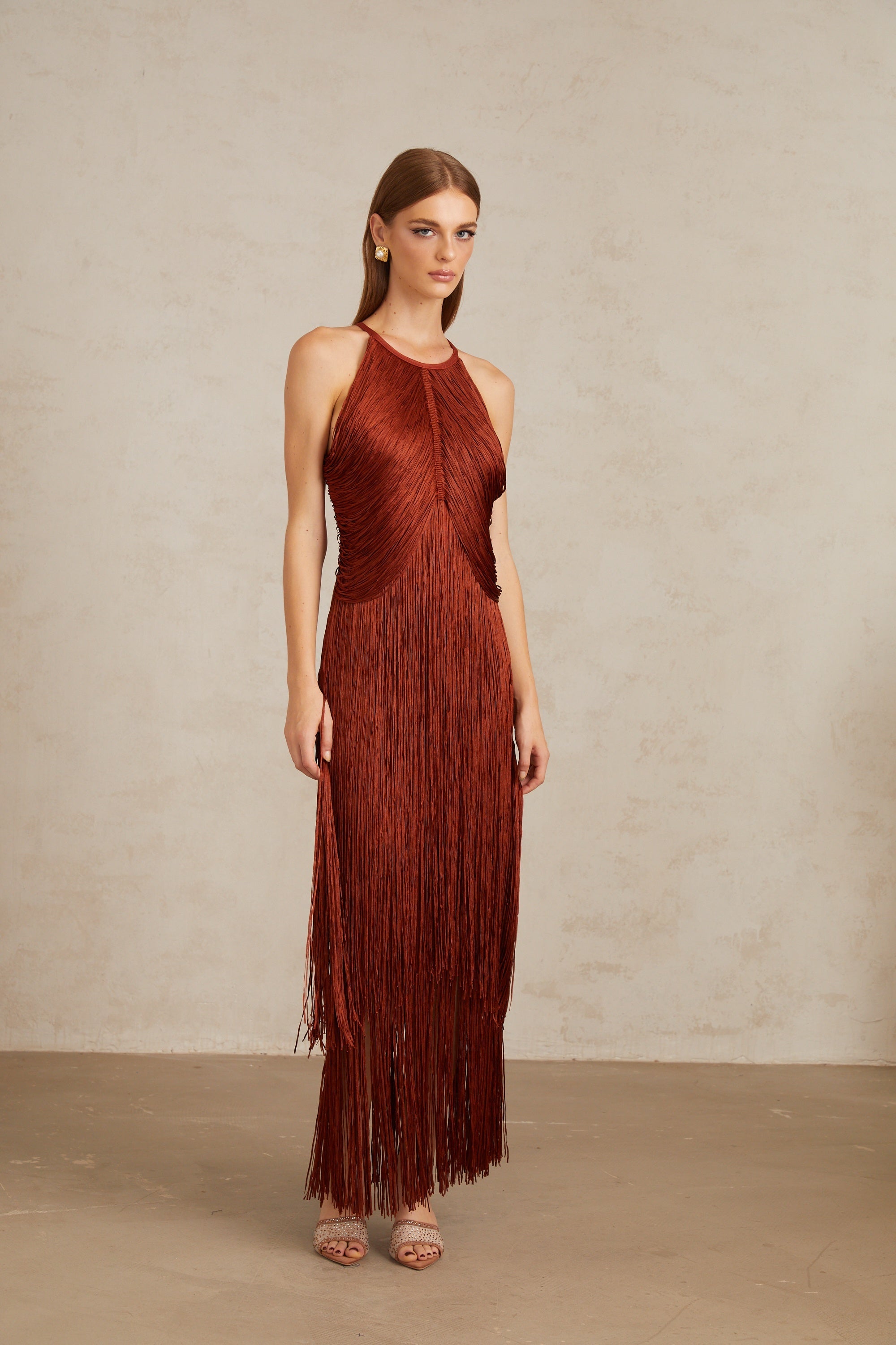 Mélisande Rusty Red Halterneck Fringed Maxi Gown
