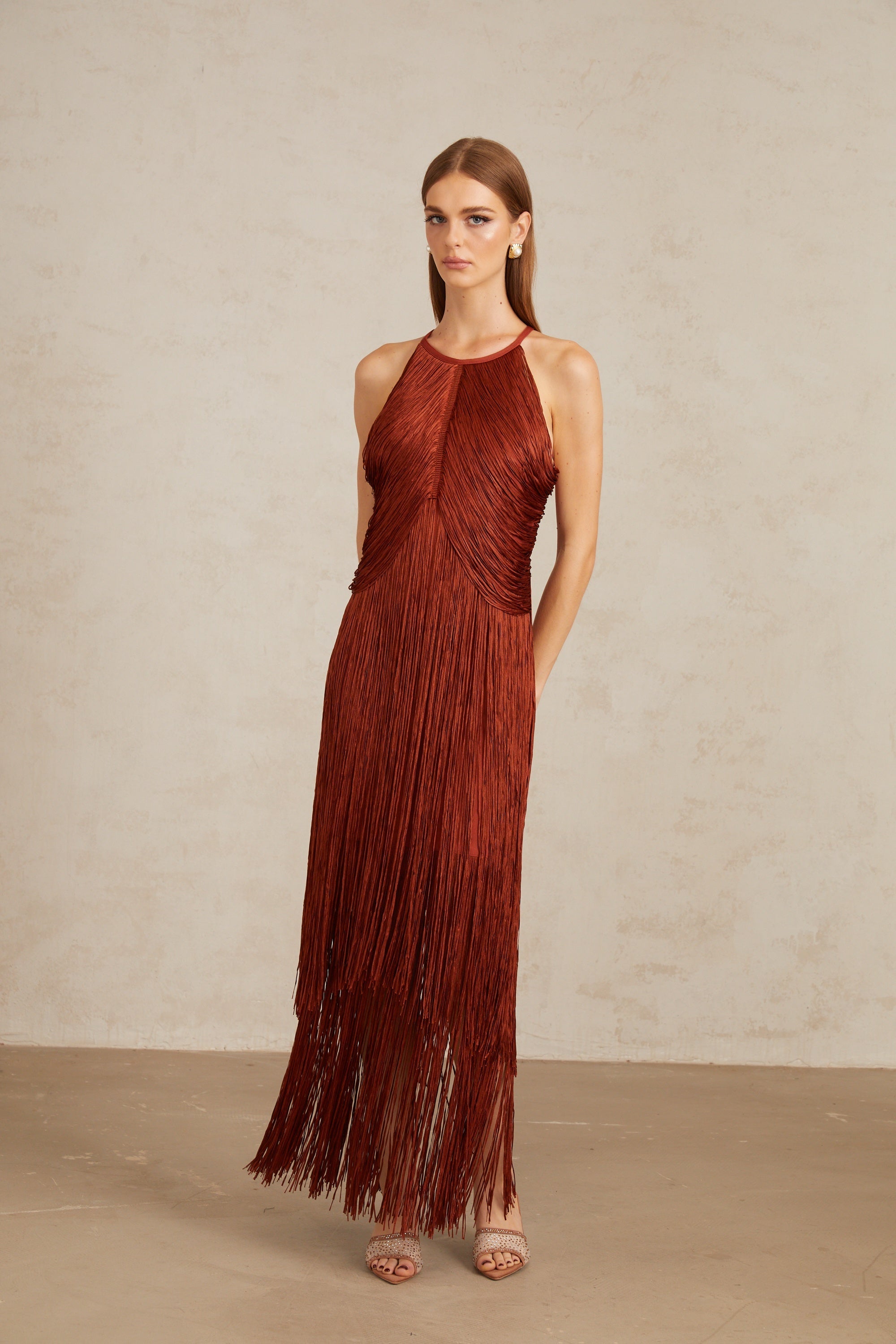 Mélisande Rusty Red Halterneck Fringed Maxi Gown