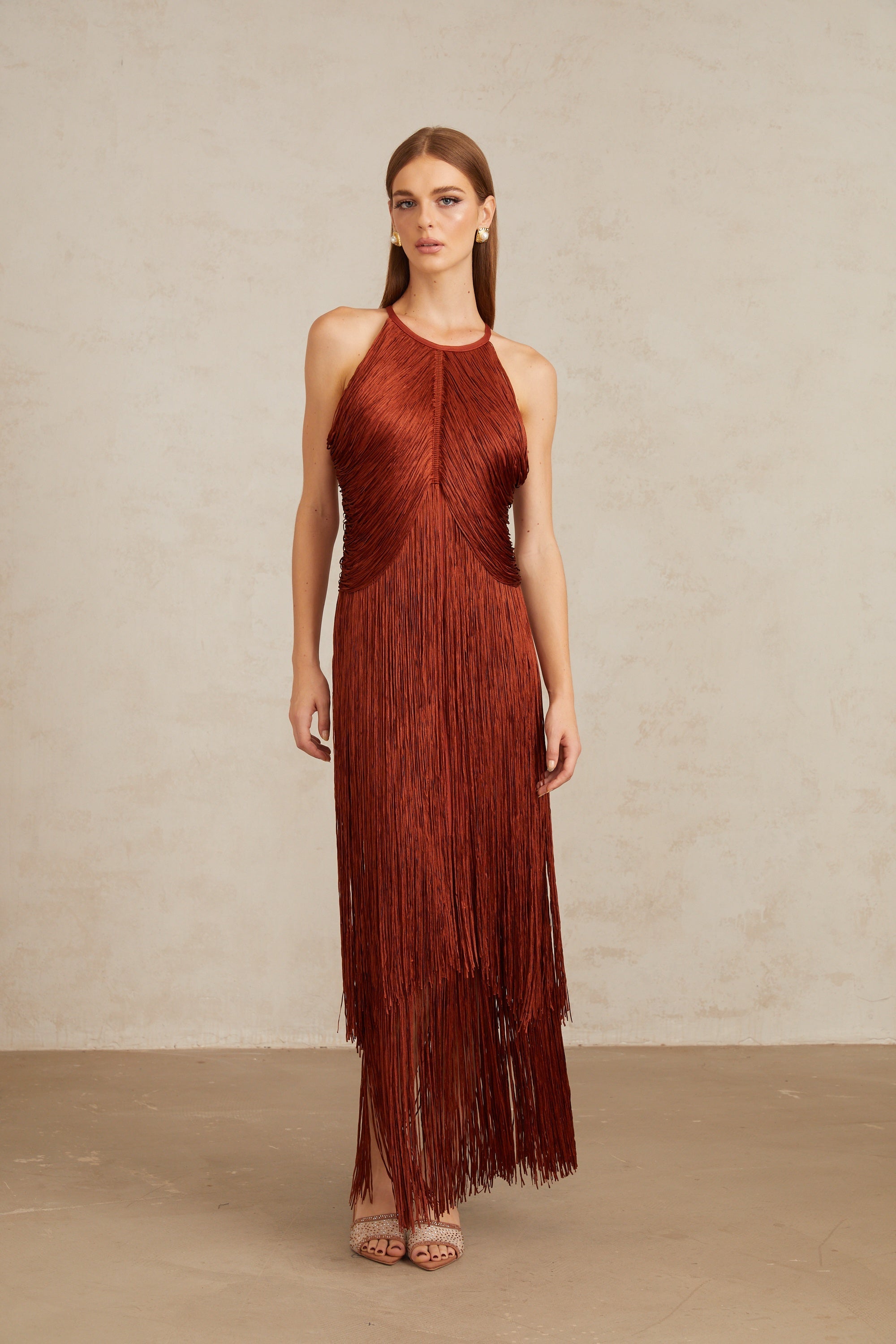 Mélisande Rusty Red Halterneck Fringed Maxi Gown