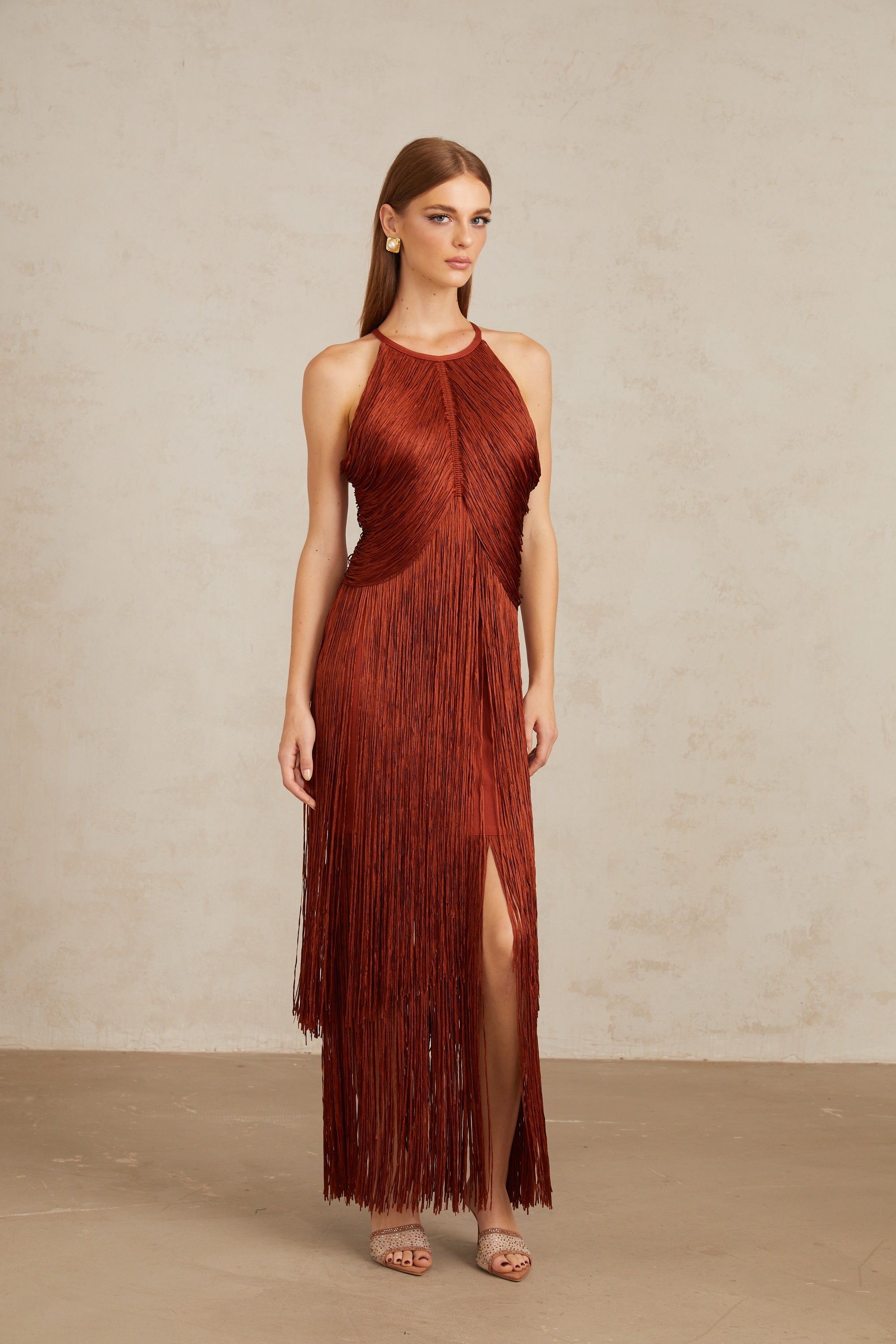 Mélisande Rusty Red Halterneck Fringed Maxi Gown