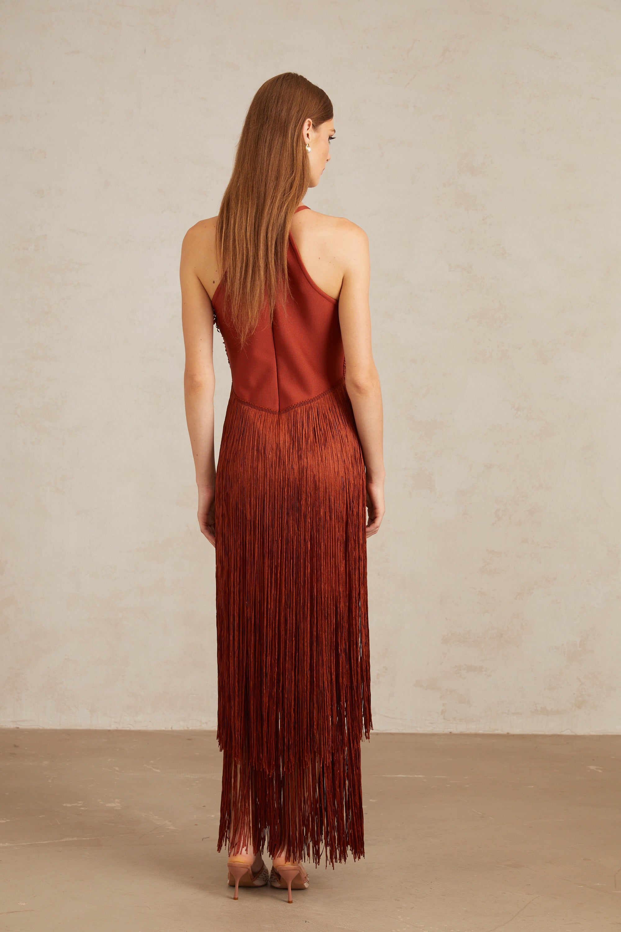 Mélisande Rusty Red Halterneck Fringed Maxi Gown