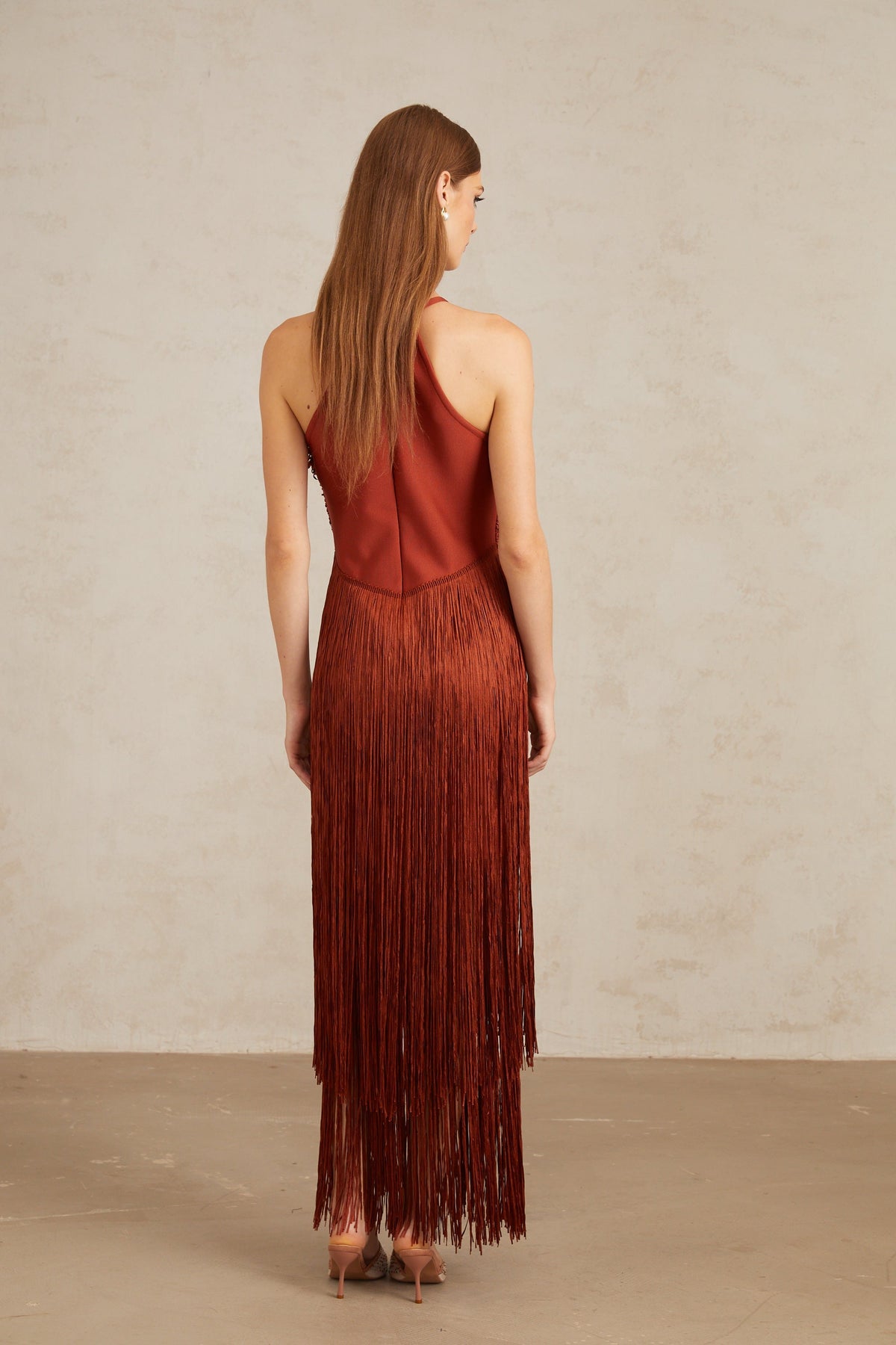 Mélisande Rusty Red Halterneck Fringed Maxi Gown
