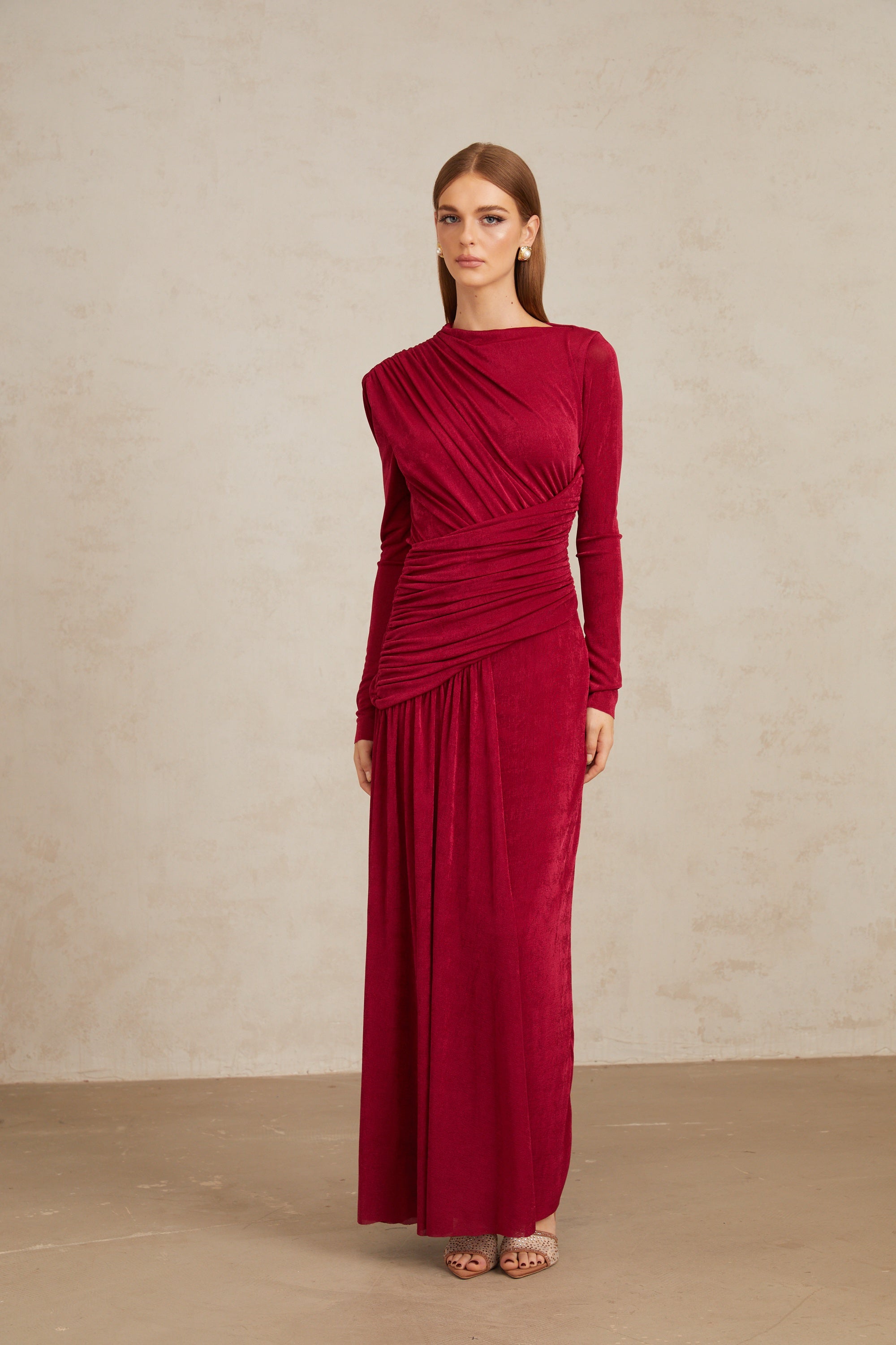 Charme Red Ruched Maxi Dress