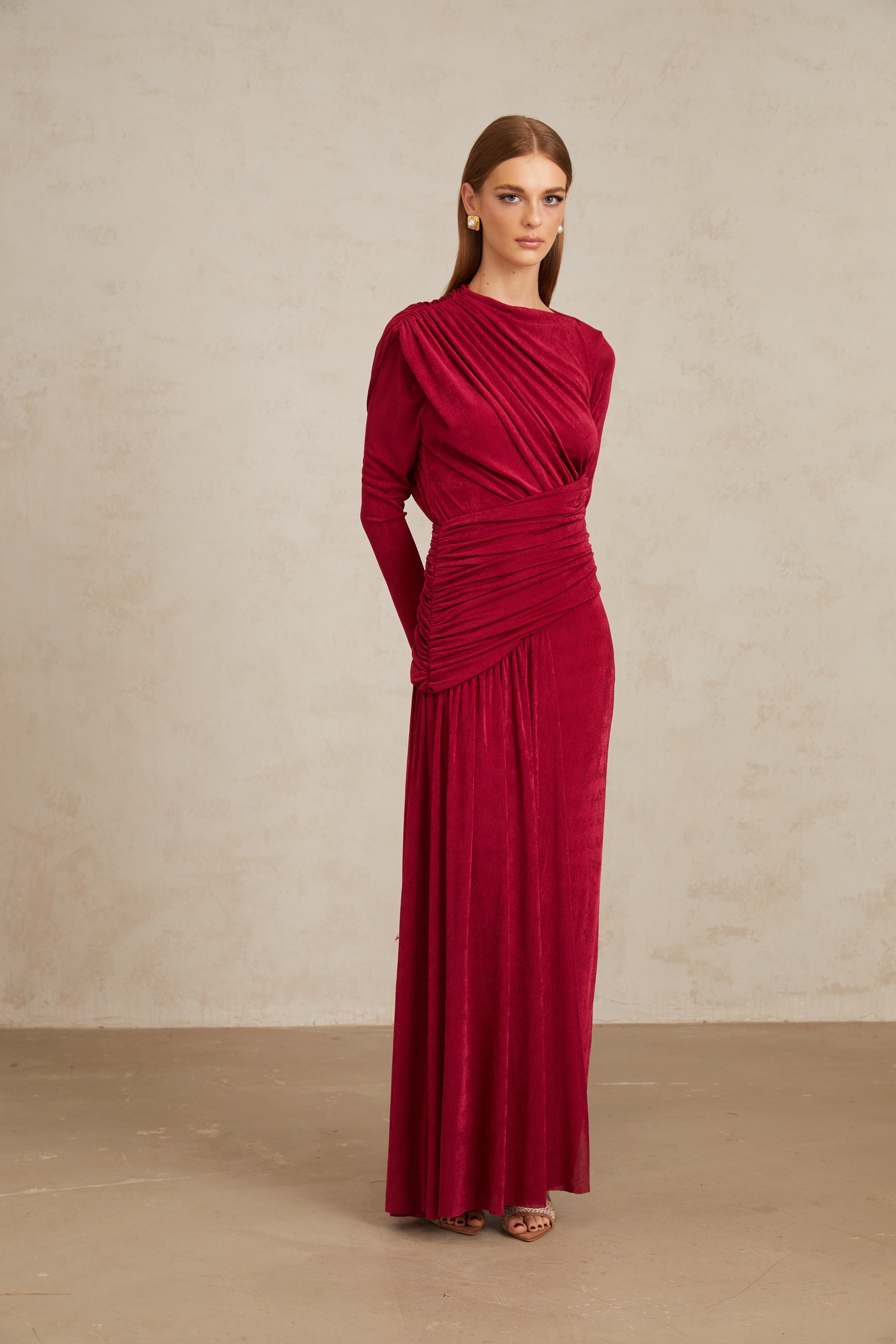 Charme Red Ruched Maxi Dress