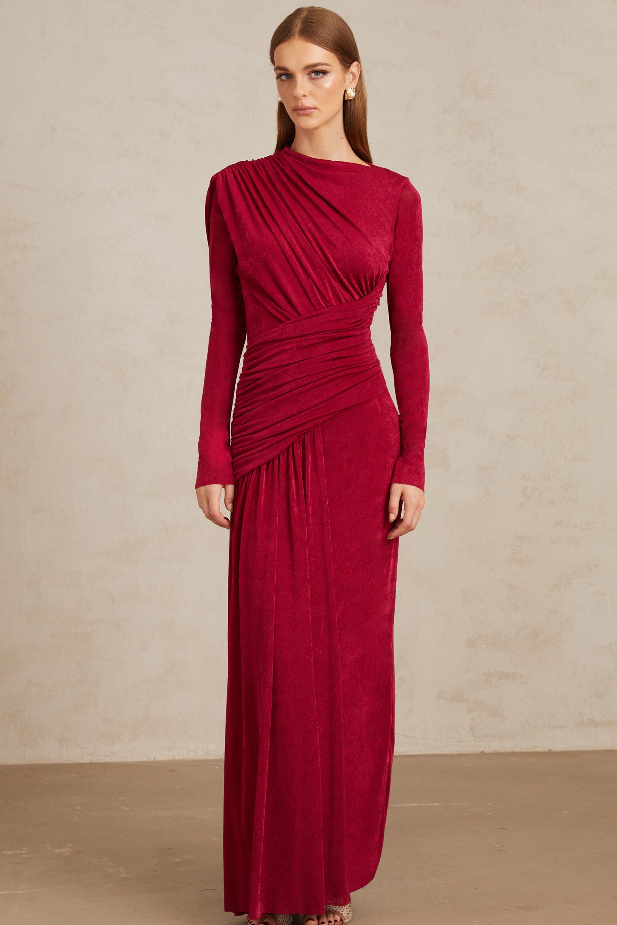 Charme Red Ruched Maxi Dress (Final Sale-US Only)