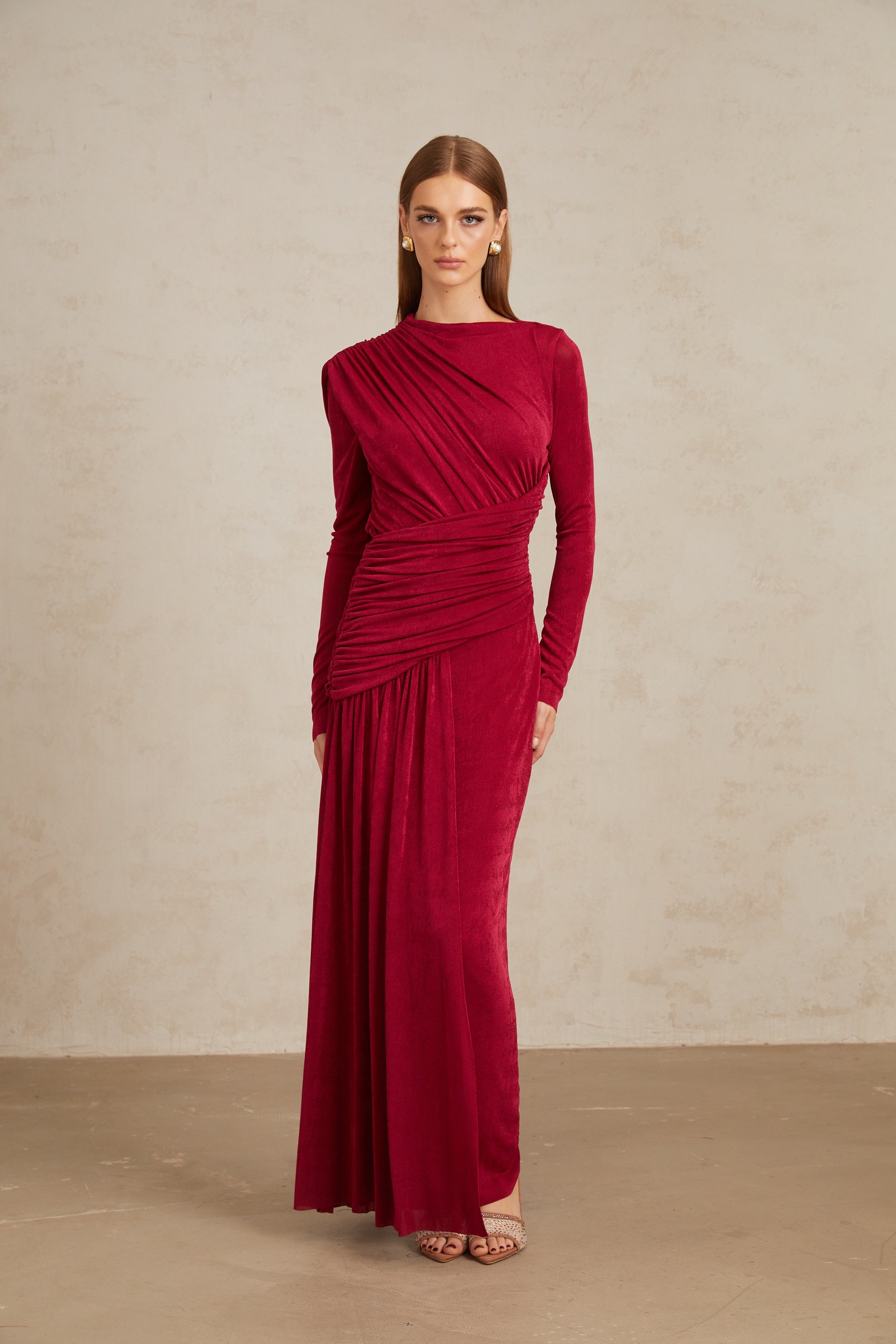 Charme Red Ruched Maxi Dress