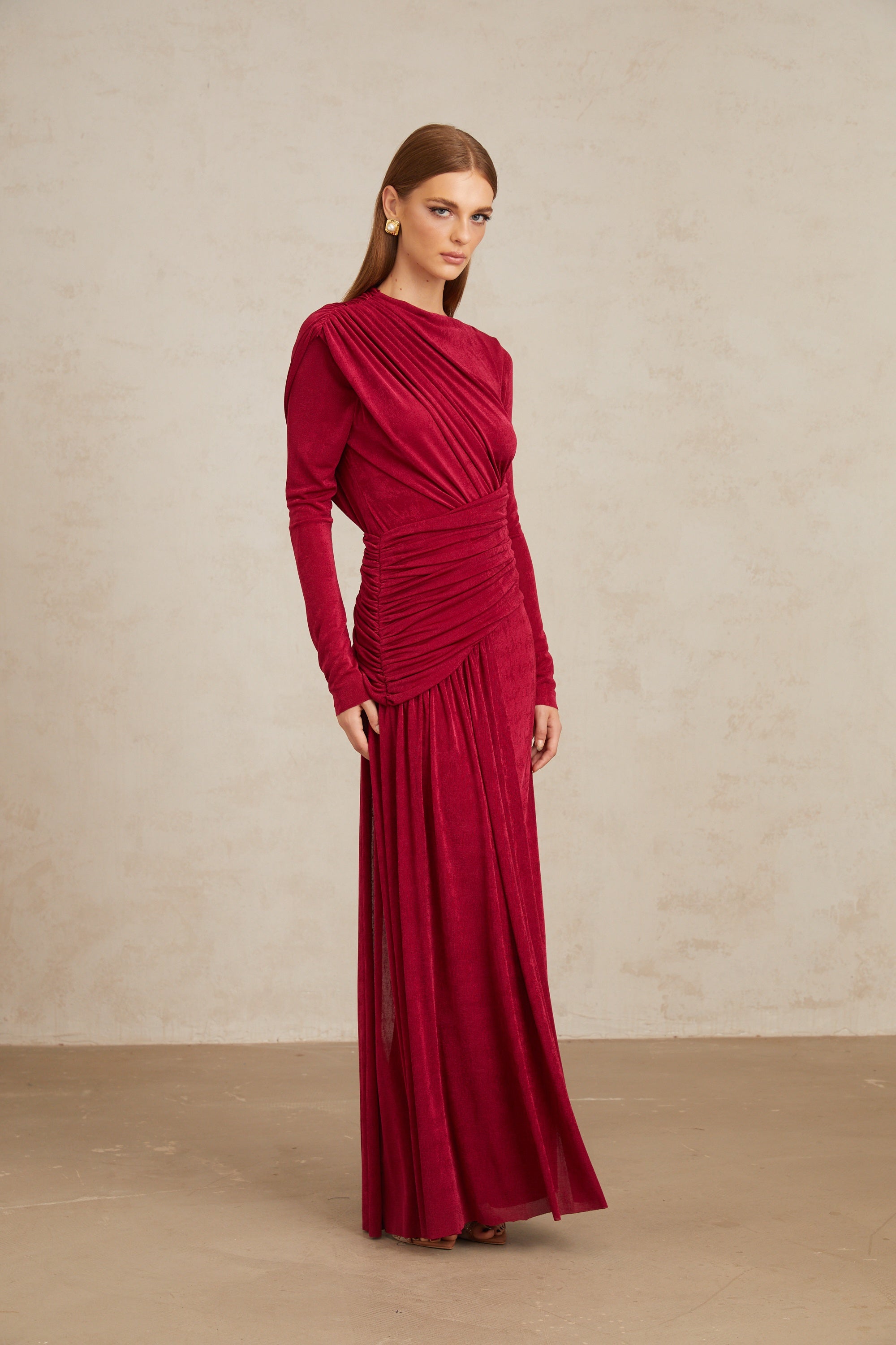 Charme Red Ruched Maxi Dress