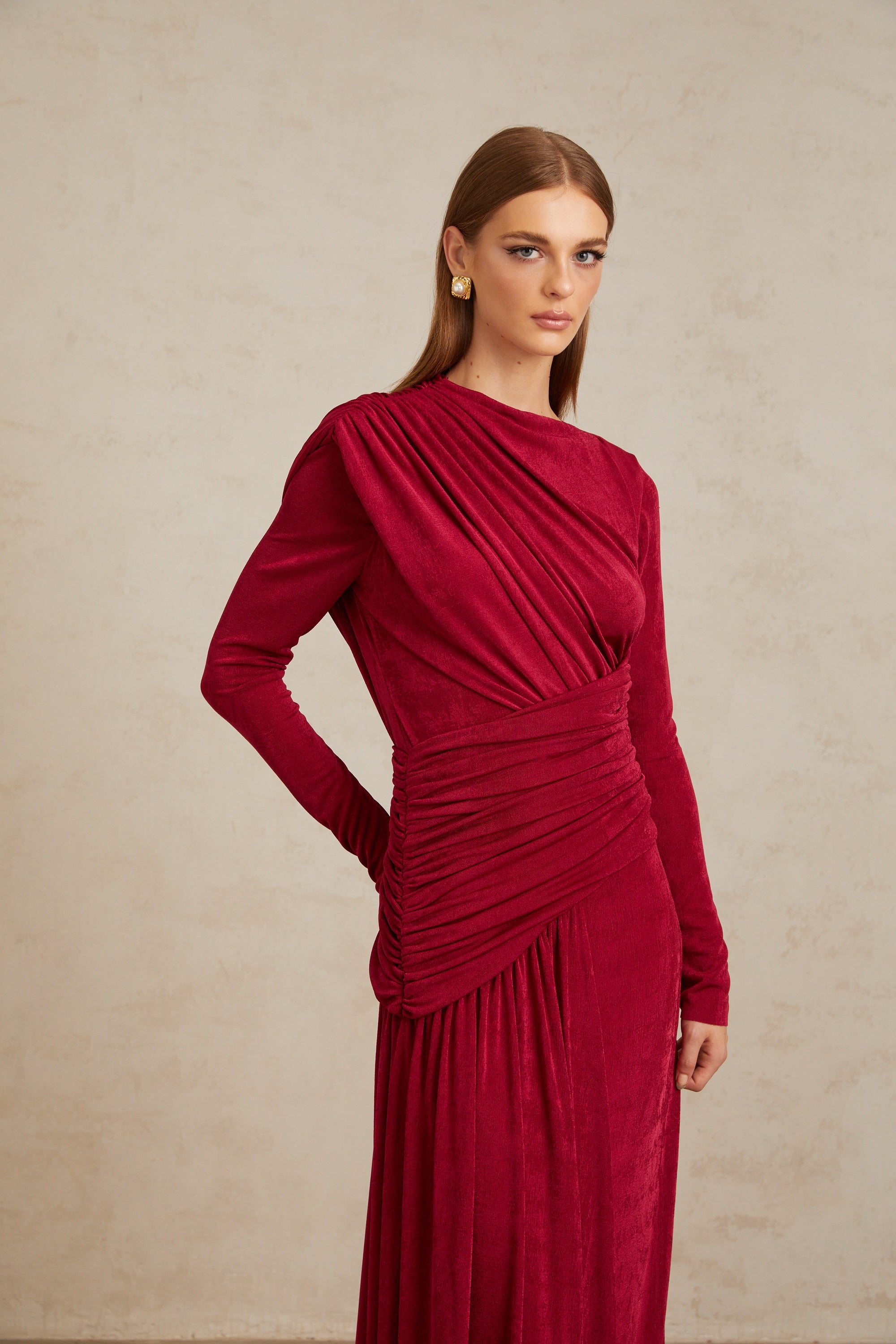 Charme Red Ruched Maxi Dress