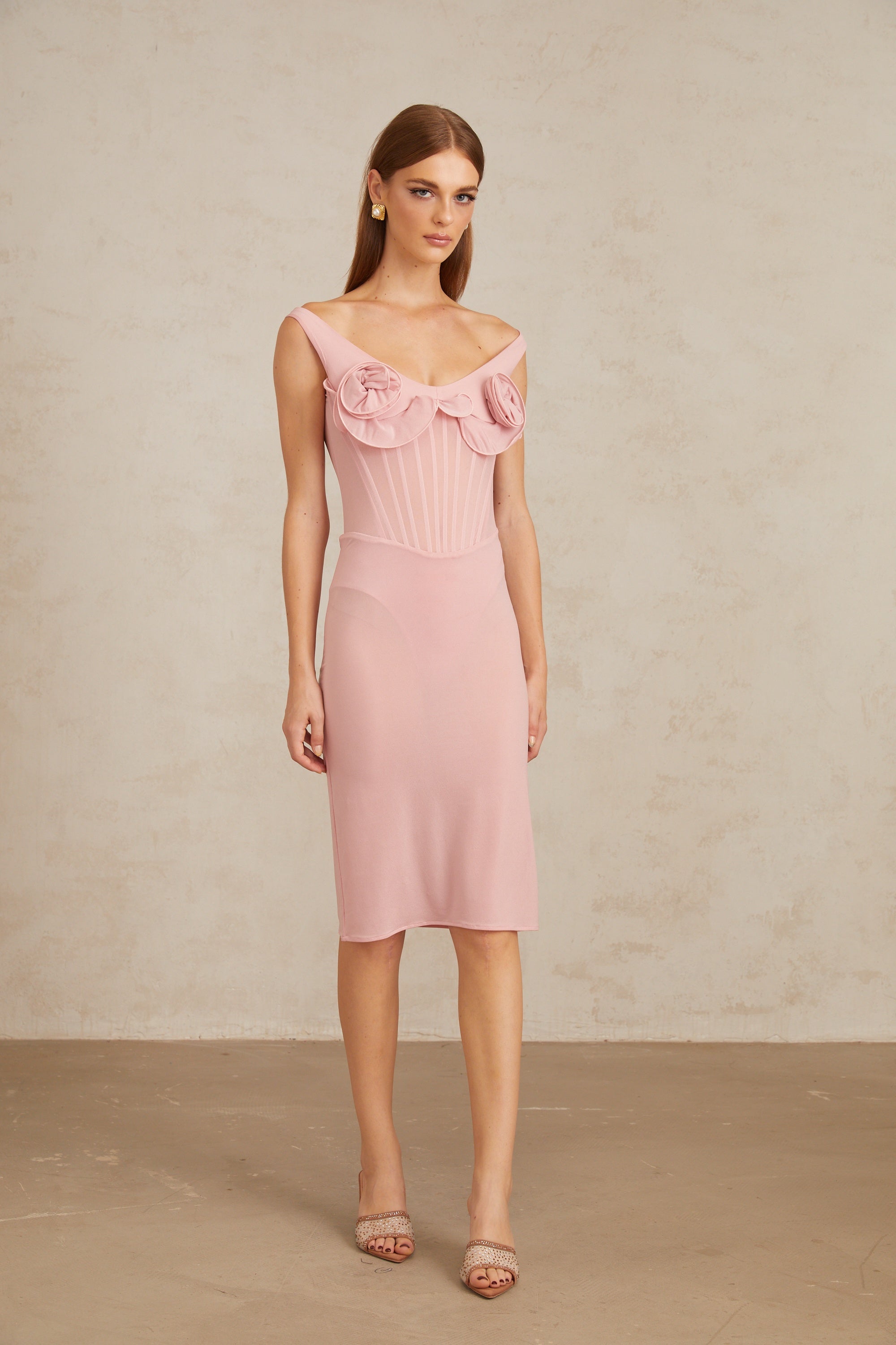 Aada Pink Fitted 3D Petal Midi Dress (Final Sale-US Only)