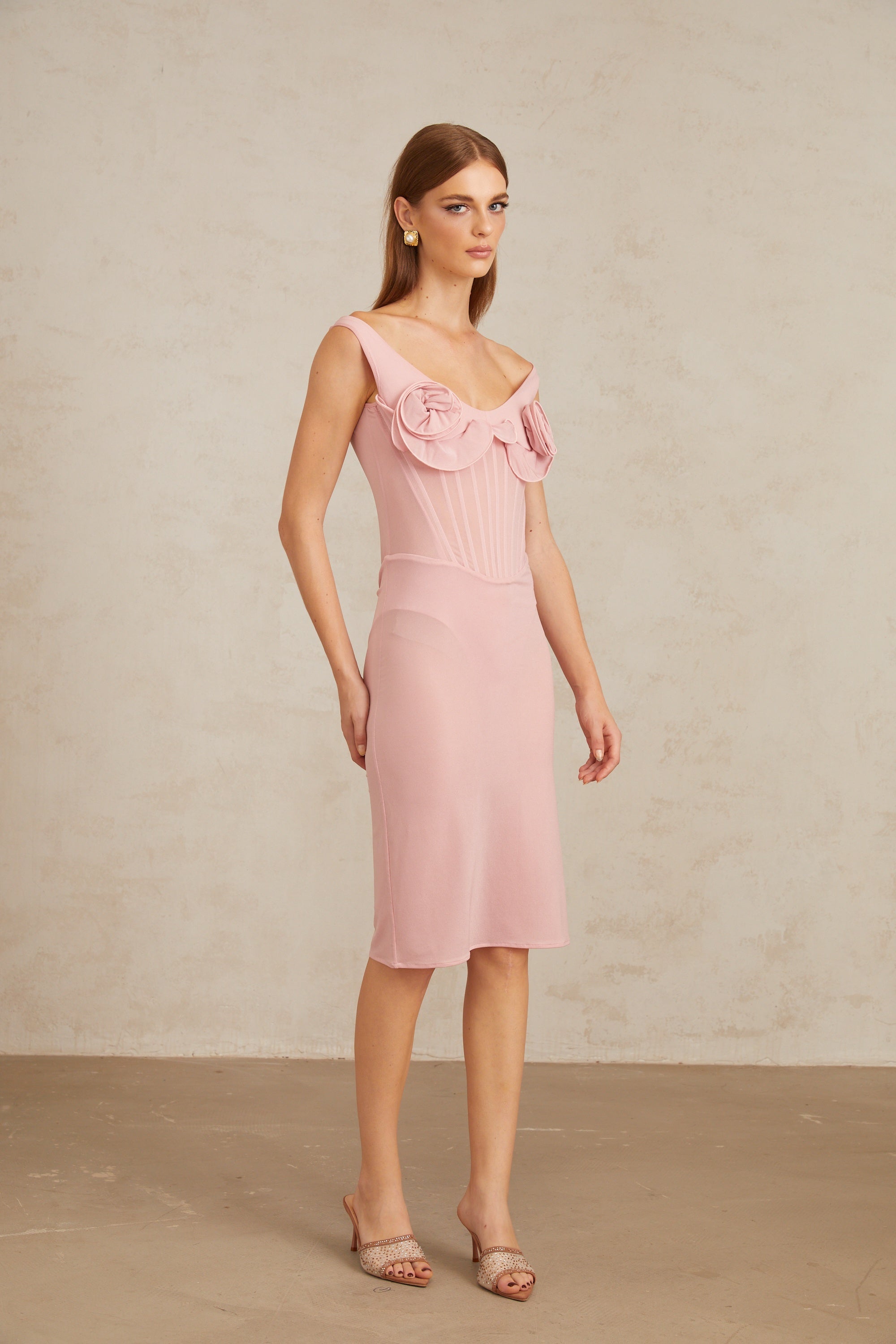 Aada Pink Fitted 3D Petal Midi Dress (Final Sale-US Only)