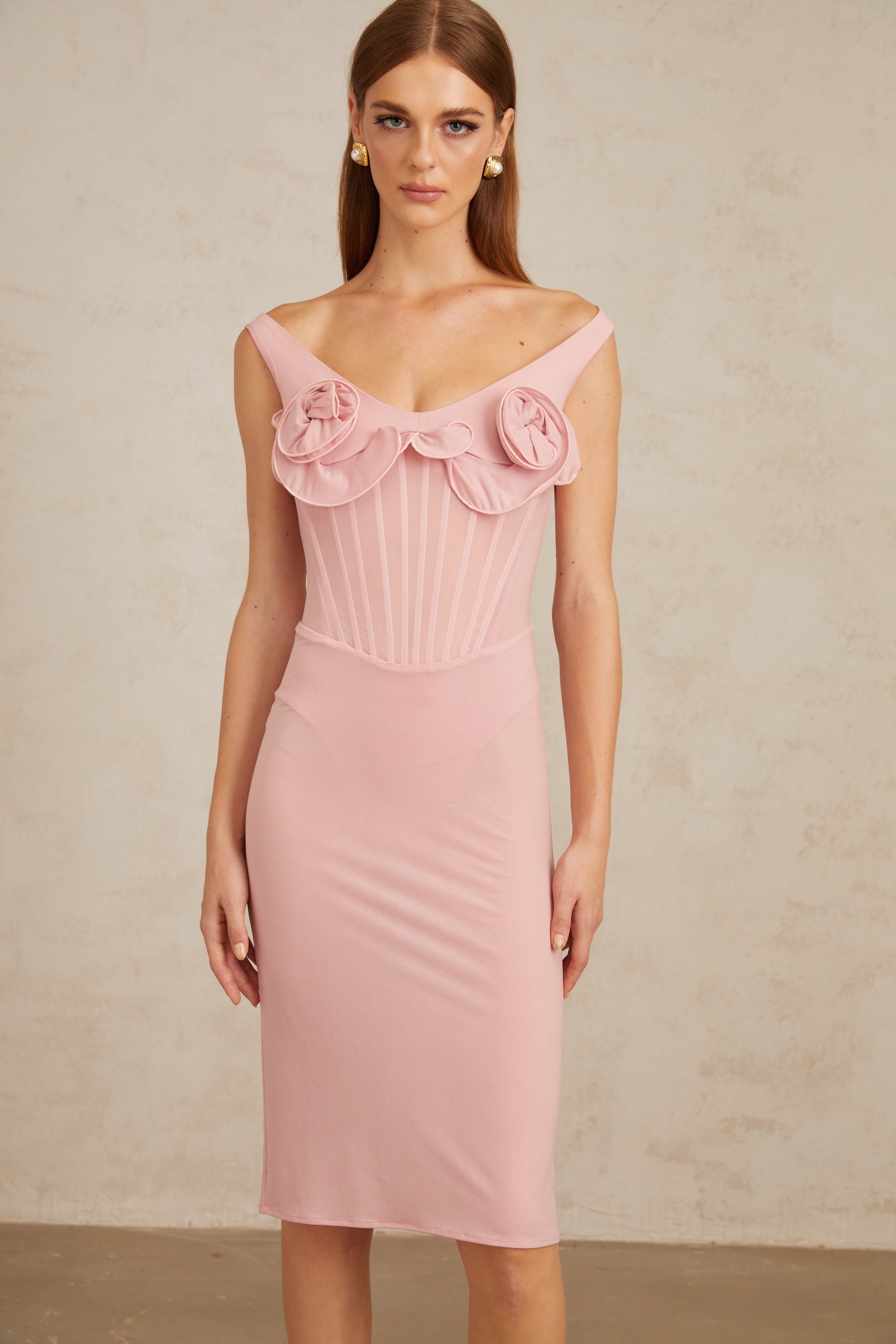 Aada Pink Fitted 3D Petal Midi Dress (Final Sale-US Only)