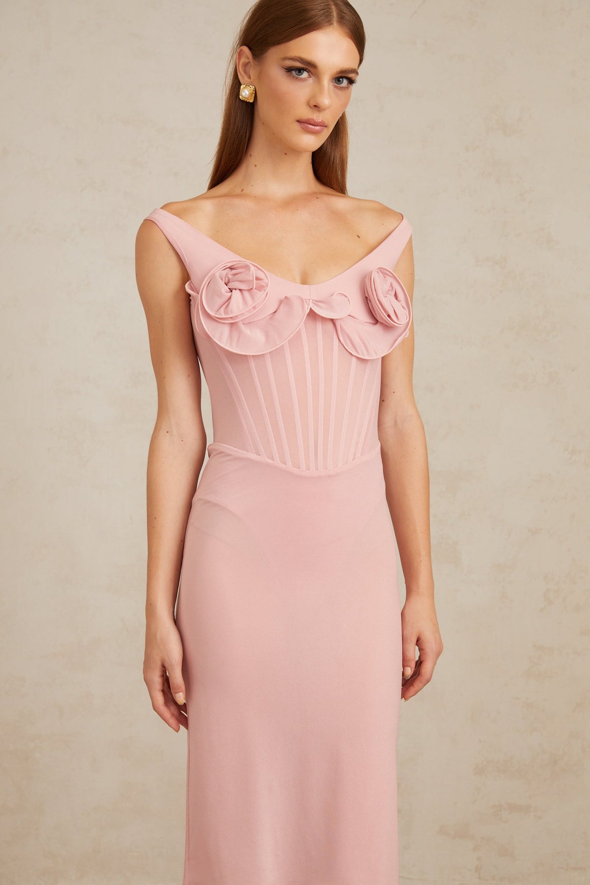 Aada Pink Fitted 3D Petal Midi Dress