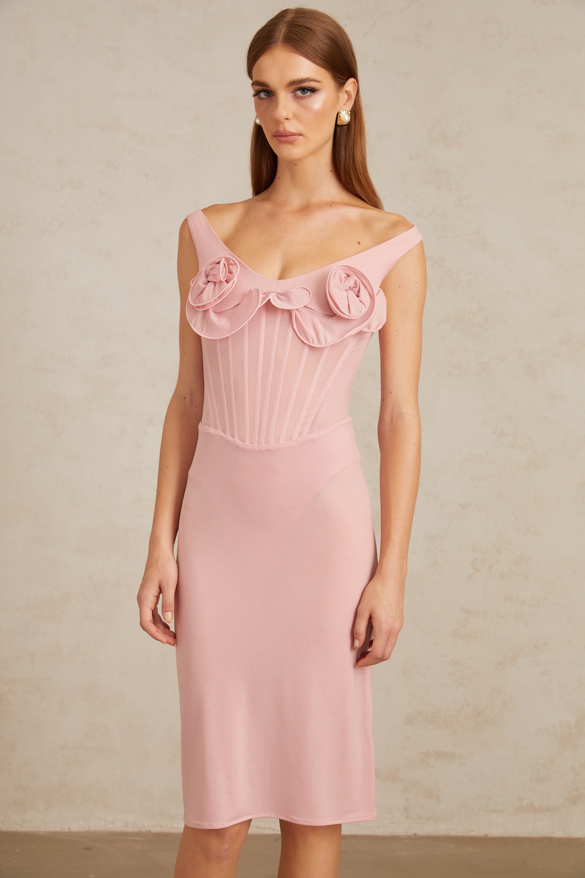 Aada Pink Fitted 3D Petal Midi Dress (Final Sale-US Only)