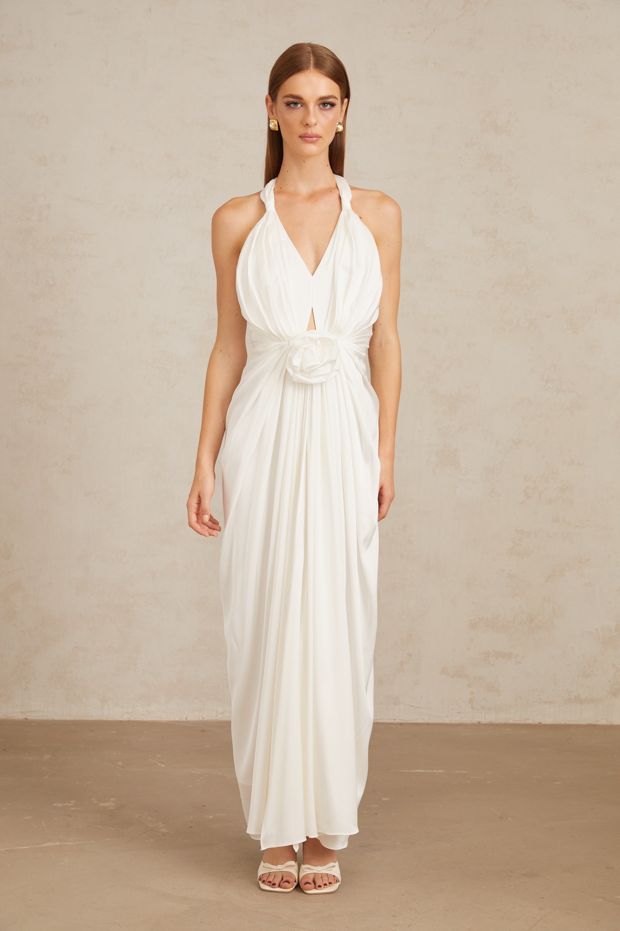 Anais White Gathered Floral Appliqué Maxi Gown