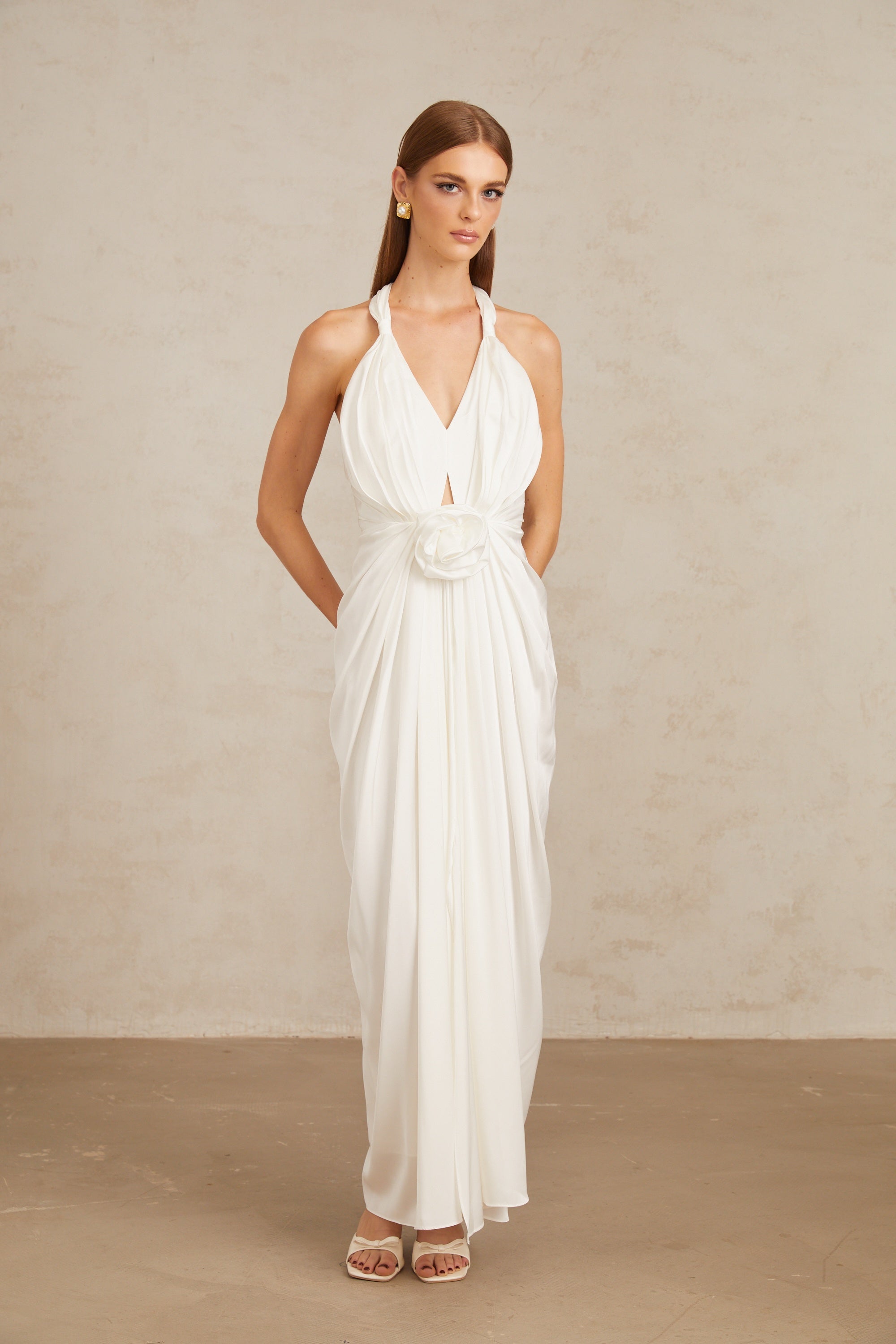 Anais White Gathered Floral Appliqué Maxi Gown