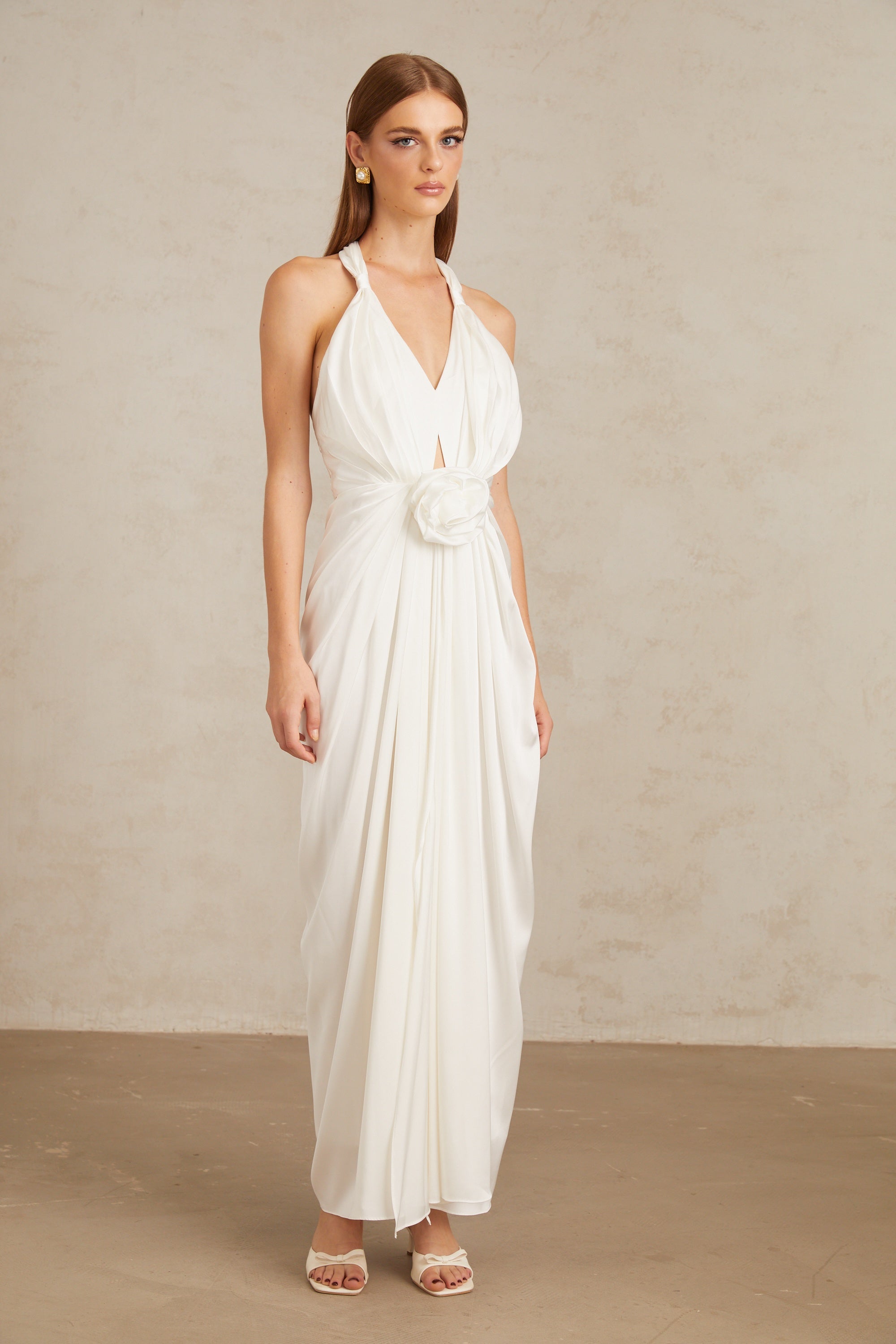 Anais White Gathered Floral Appliqué Maxi Gown