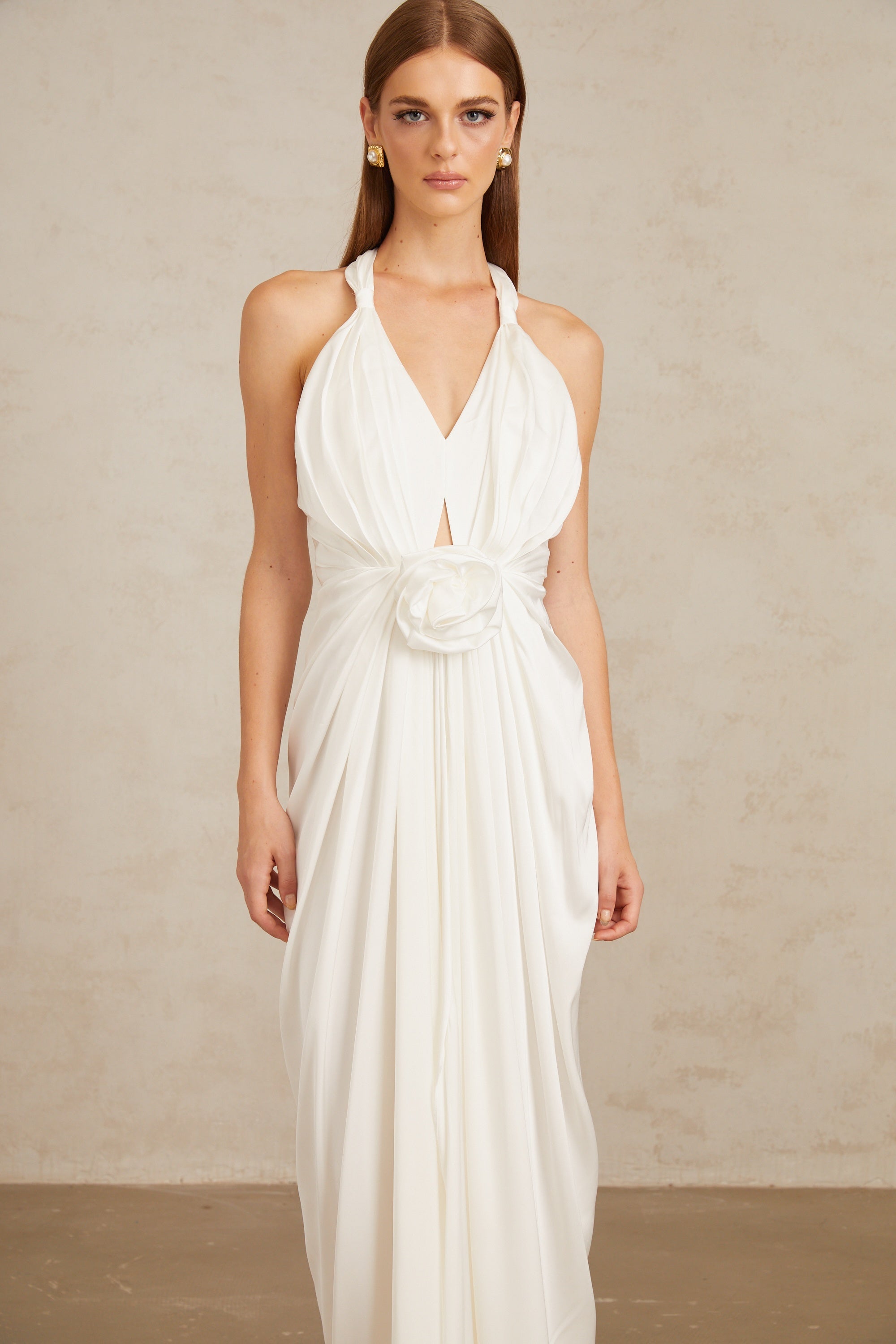 Anais White Gathered Floral Appliqué Maxi Gown