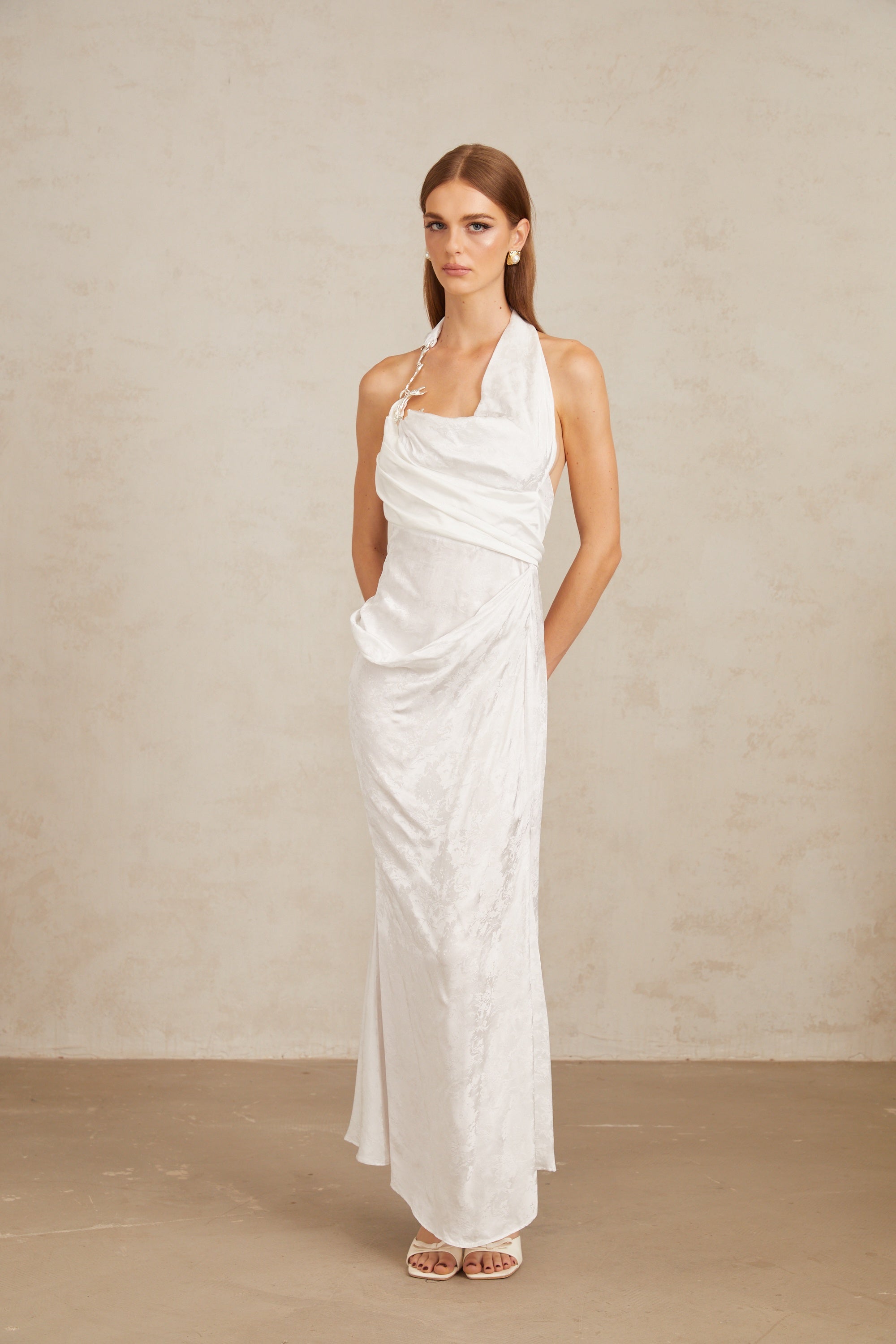 Marie White Ruched Jacquard Floral Maxi Dress