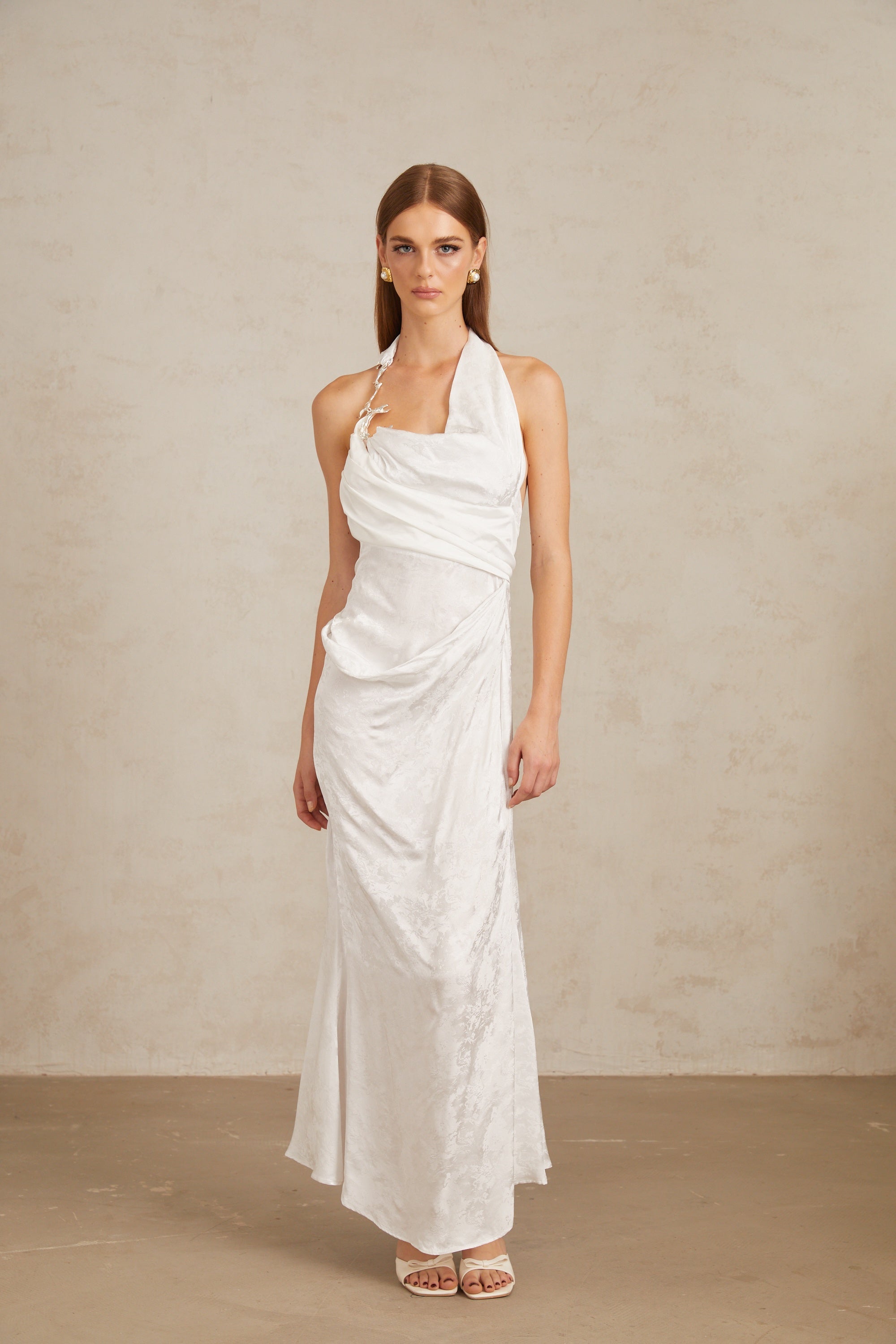 Marie White Ruched Jacquard Floral Maxi Dress