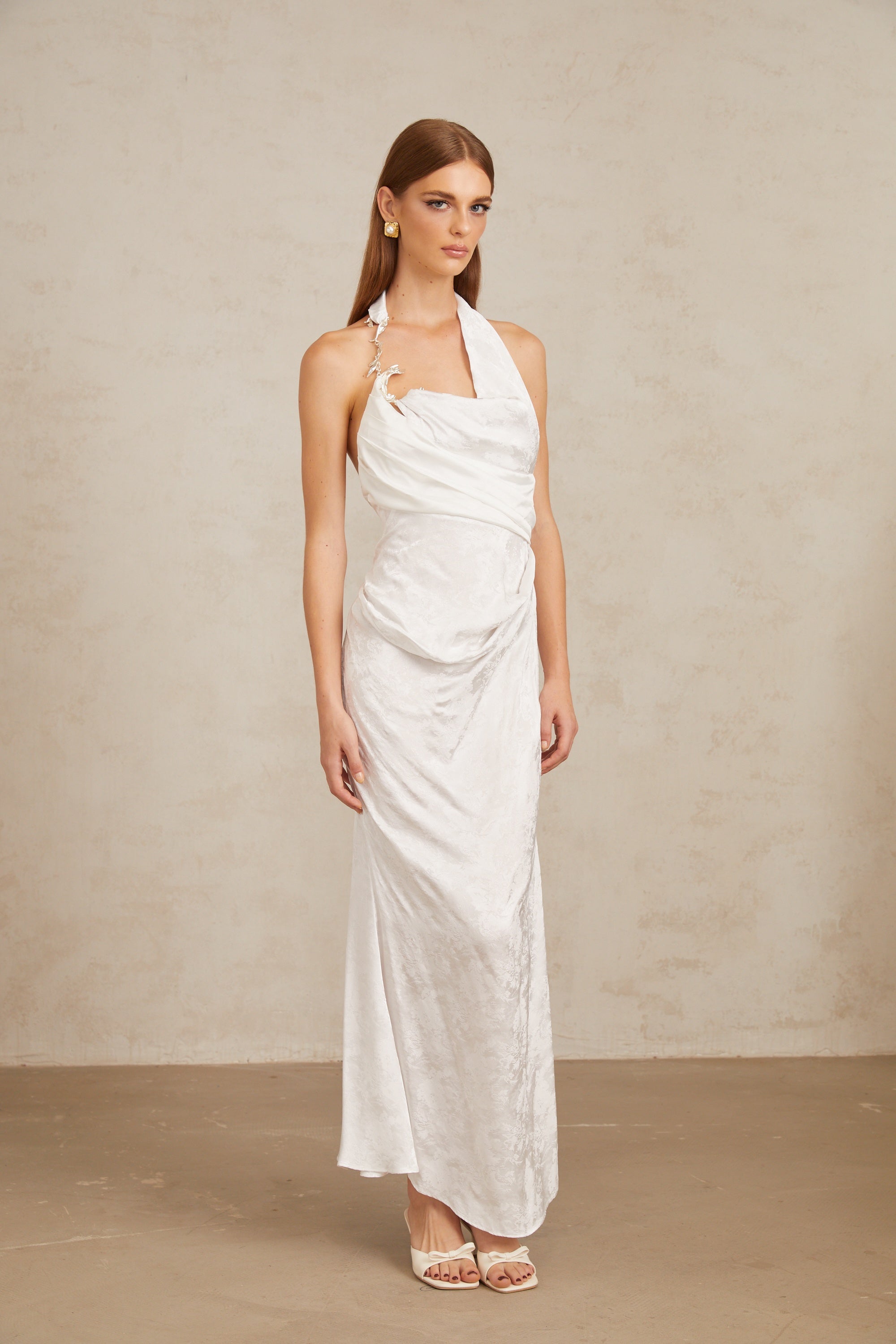 Marie White Ruched Jacquard Floral Maxi Dress
