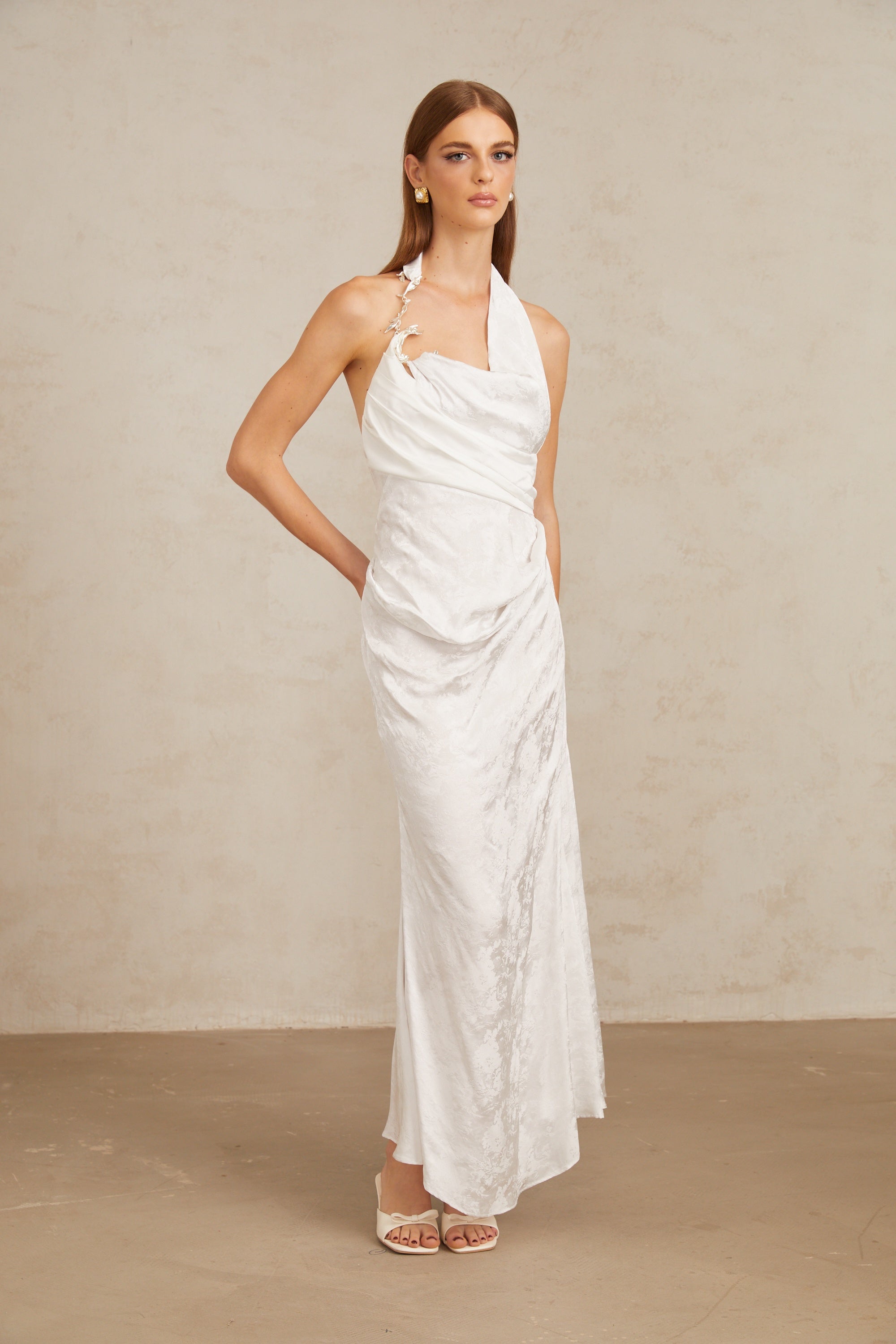 Marie White Ruched Jacquard Floral Maxi Dress