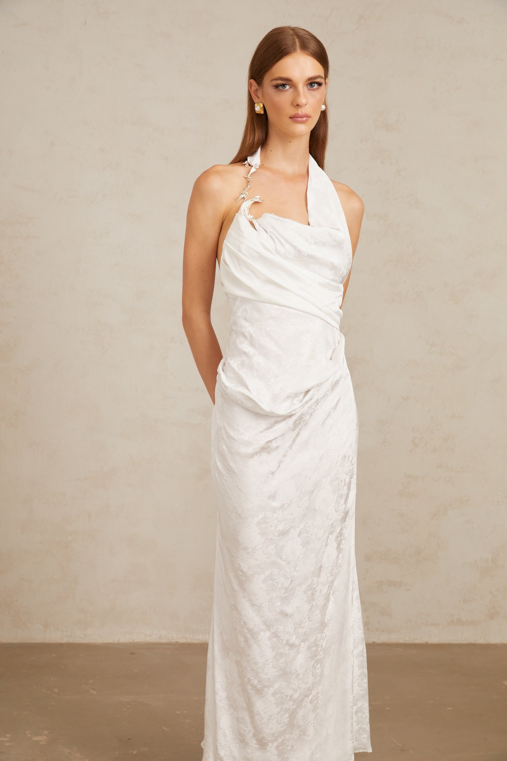 Marie White Ruched Jacquard Floral Maxi Dress
