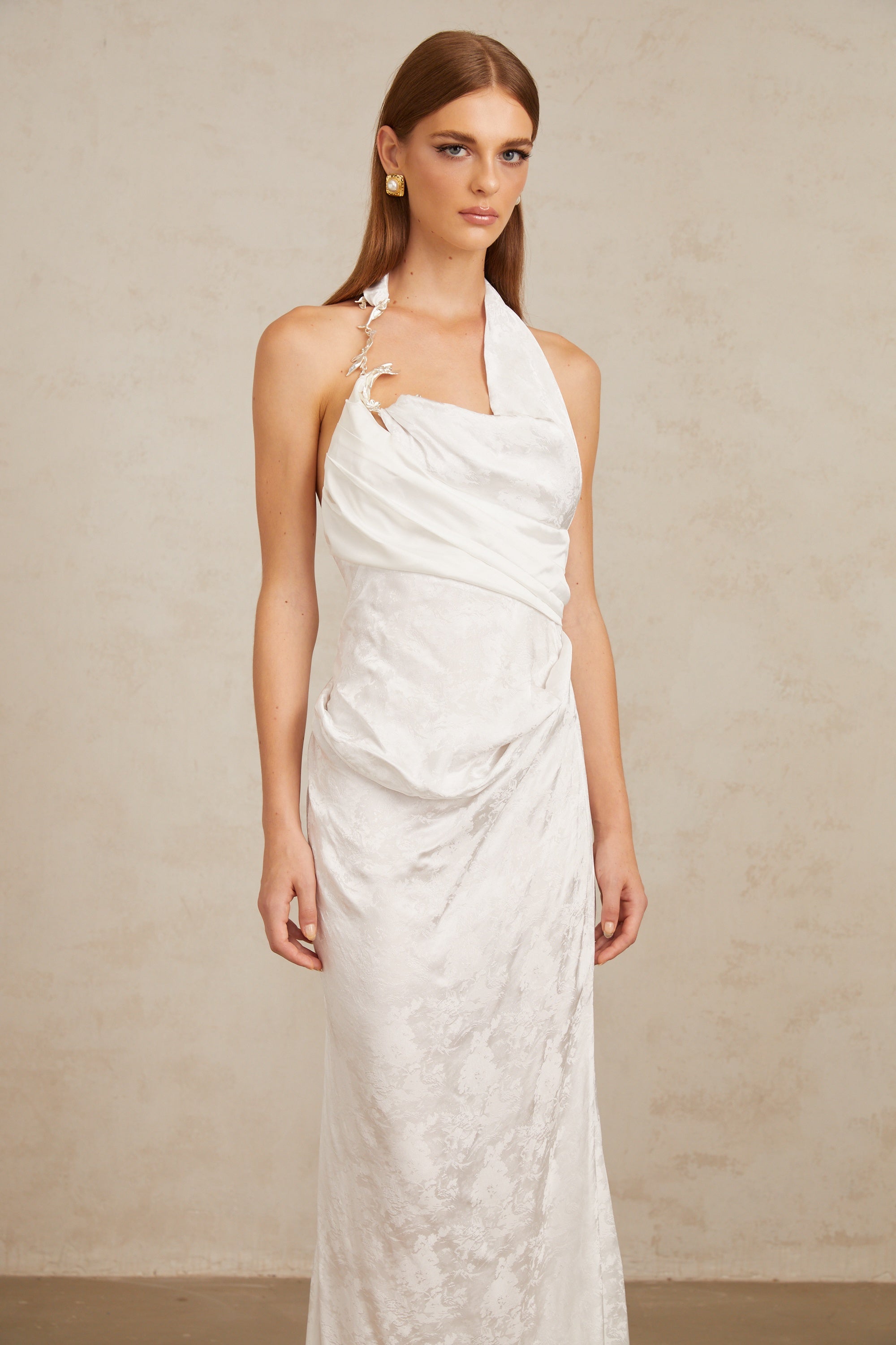 Marie White Ruched Jacquard Floral Maxi Dress