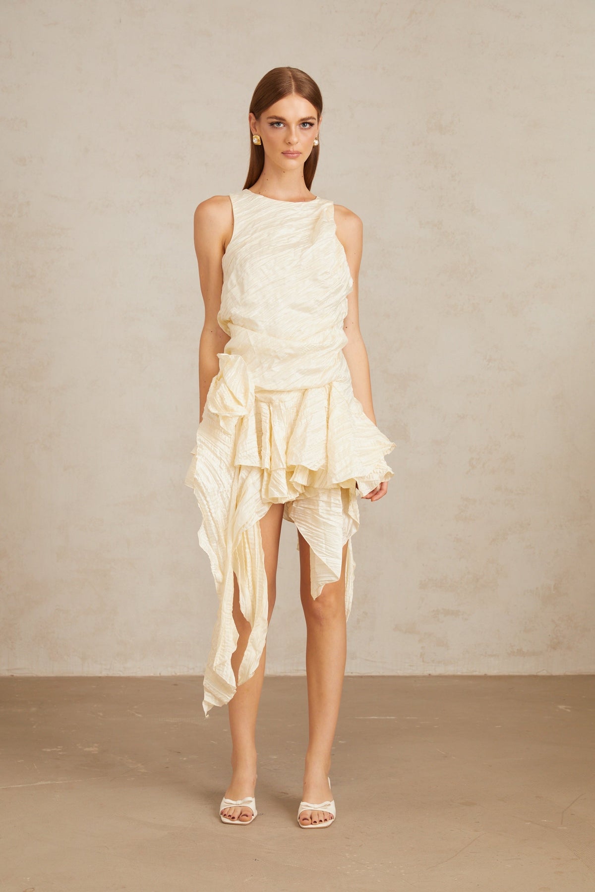 Helka Neutral Creased Asymmetrical Floral Mini Dress