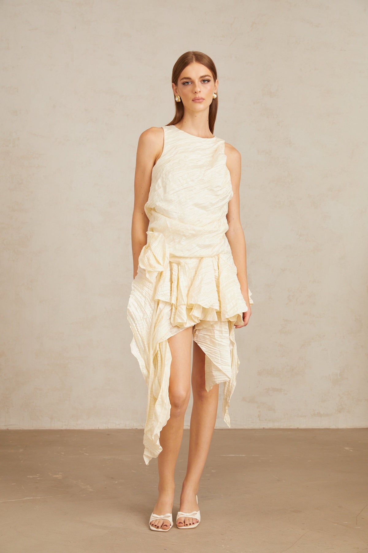 Helka Neutral Creased Asymmetrical Floral Mini Dress