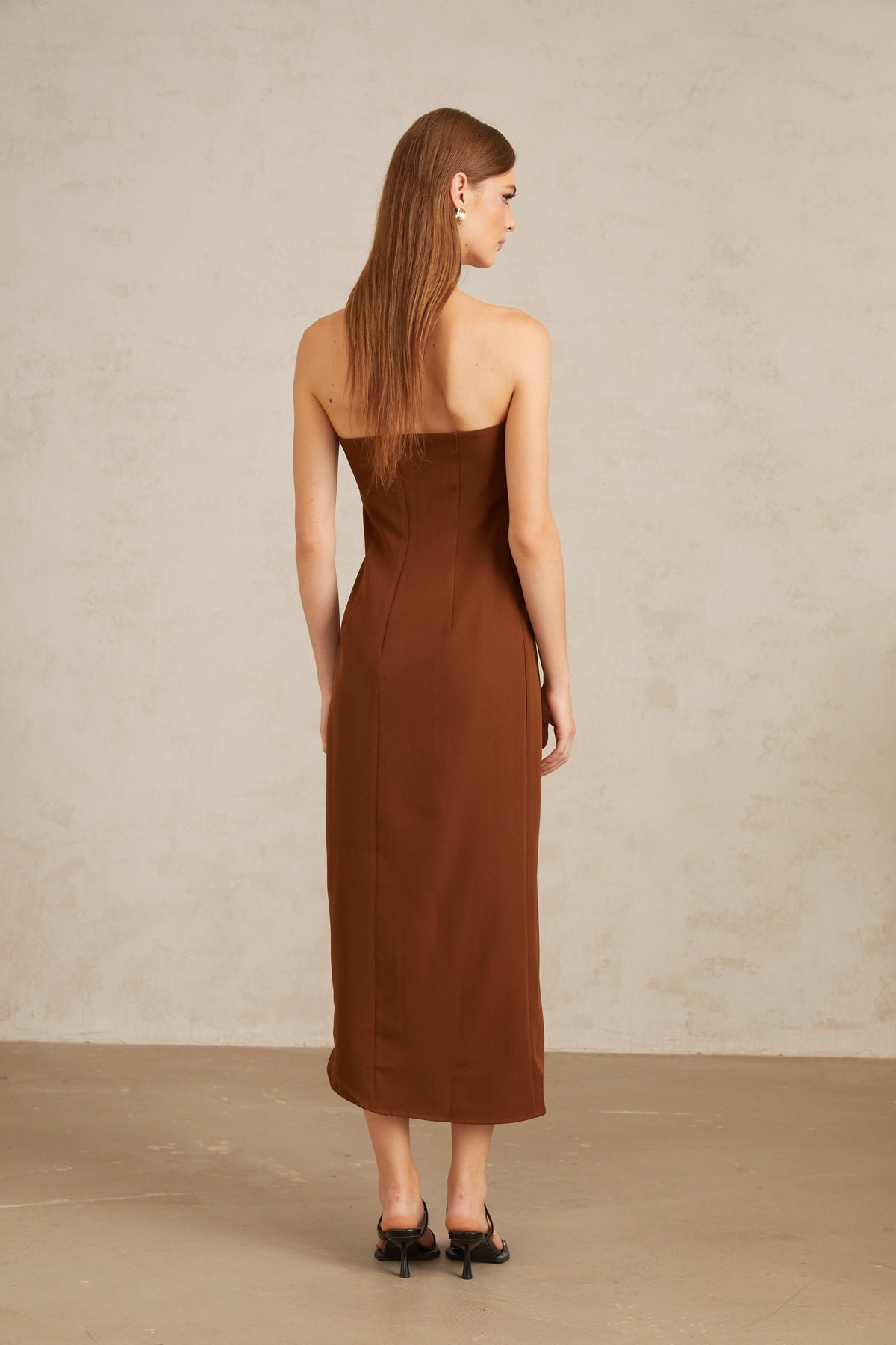 Kyliegh Brown Asymmetrical Off-Shoulder Midi Dress